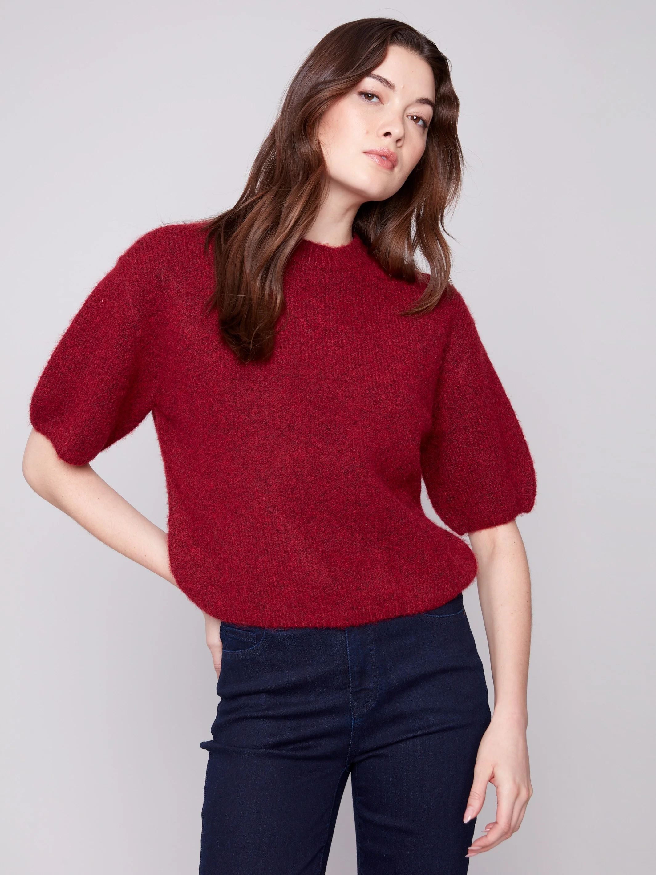 Balloon Elbow Sleeve Knit Sweater - Cabernet - Image 4