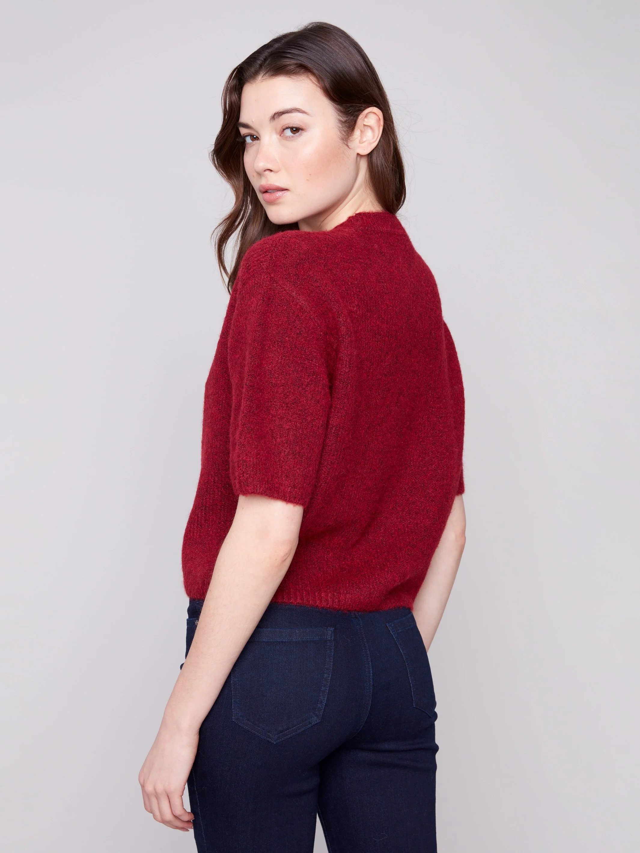 Balloon Elbow Sleeve Knit Sweater - Cabernet - Image 5