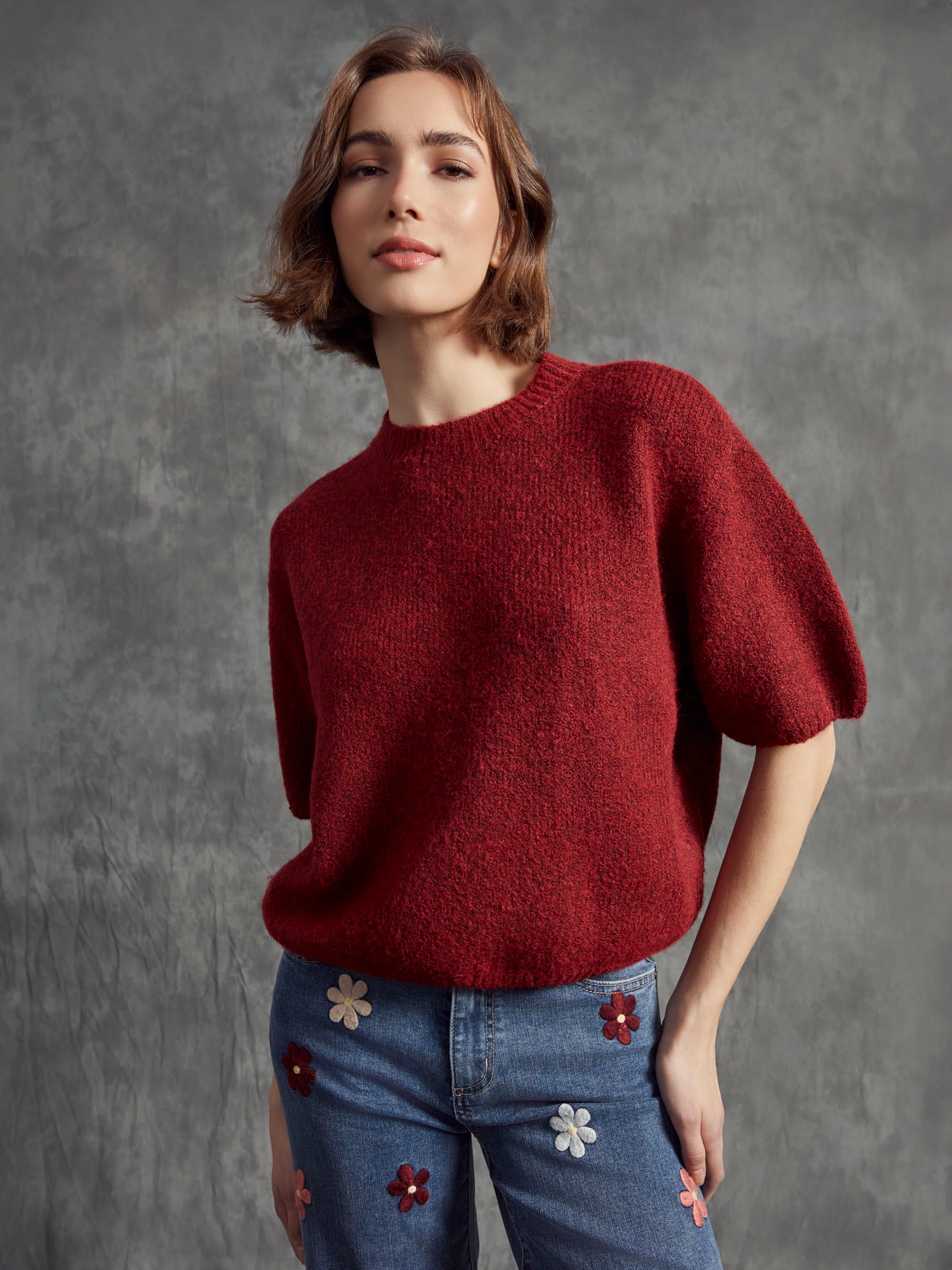 Balloon Elbow Sleeve Knit Sweater - Cabernet - Image 8