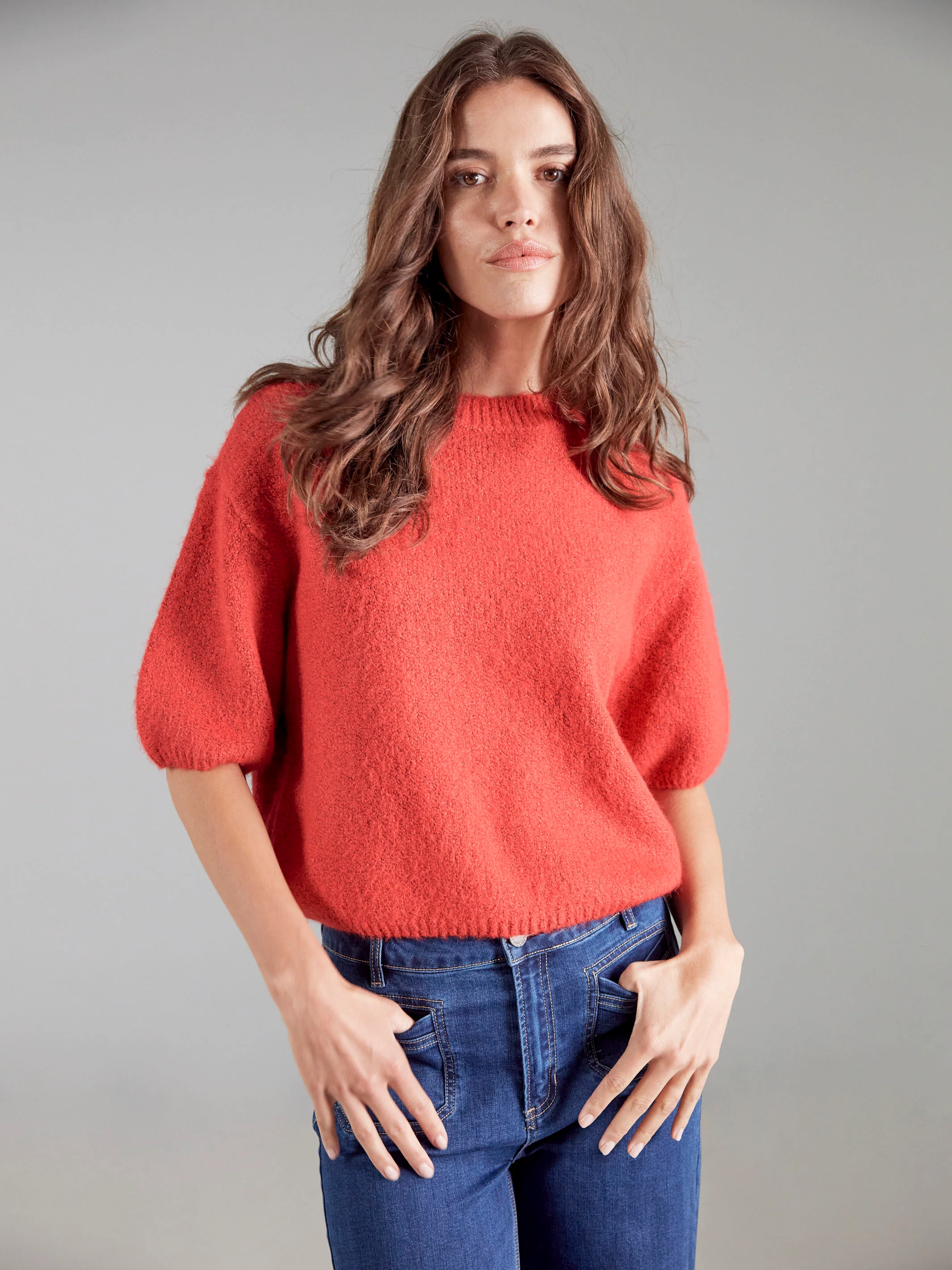 Balloon Elbow Sleeve Knit Sweater - Crimson - Image 10