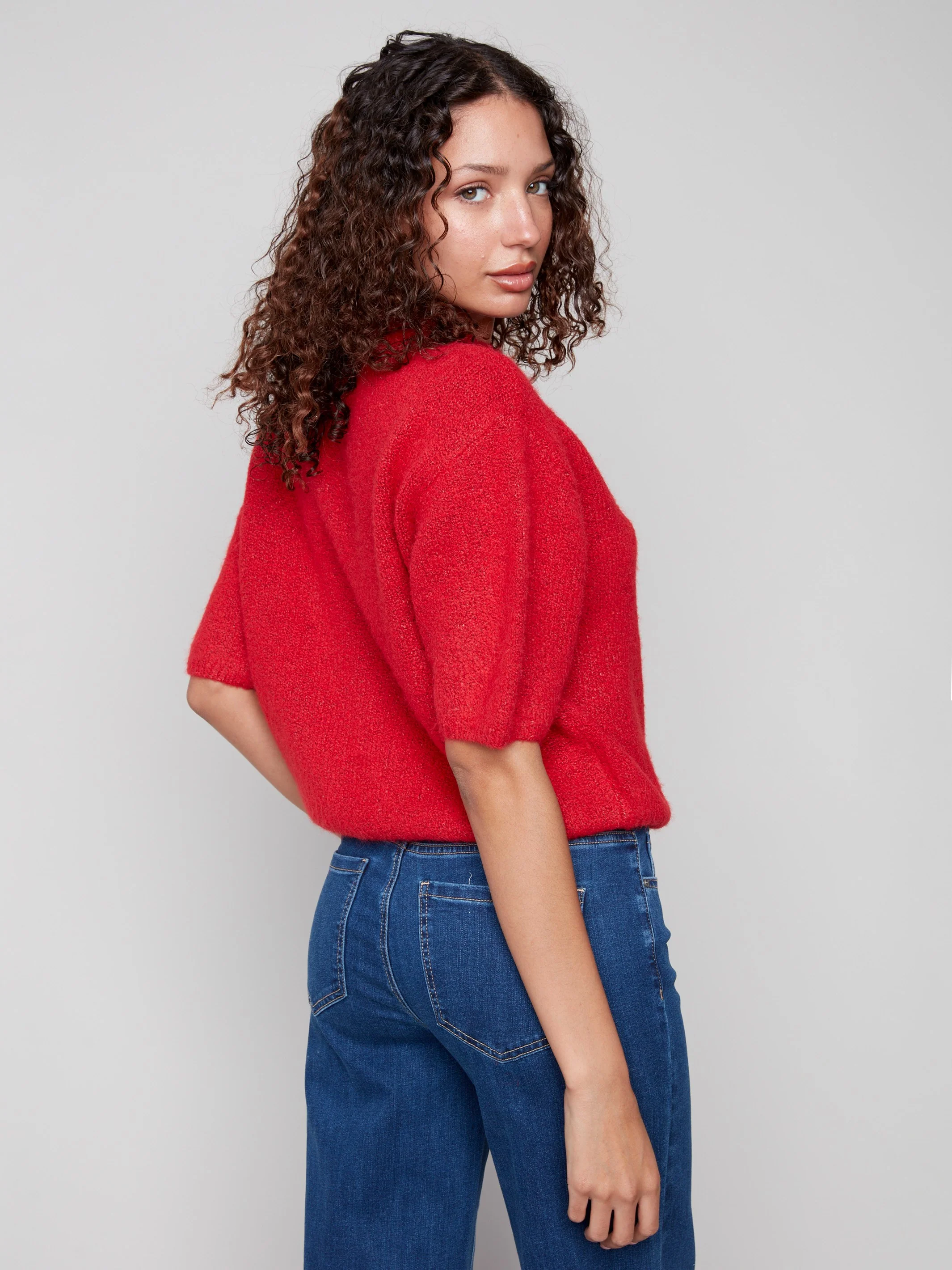 Balloon Elbow Sleeve Knit Sweater - Crimson - Image 4