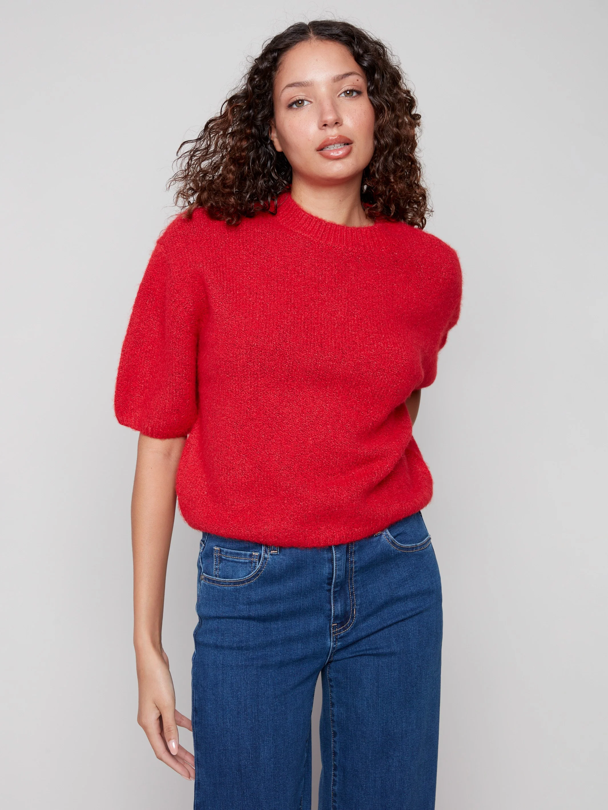 Balloon Elbow Sleeve Knit Sweater - Crimson - Image 5