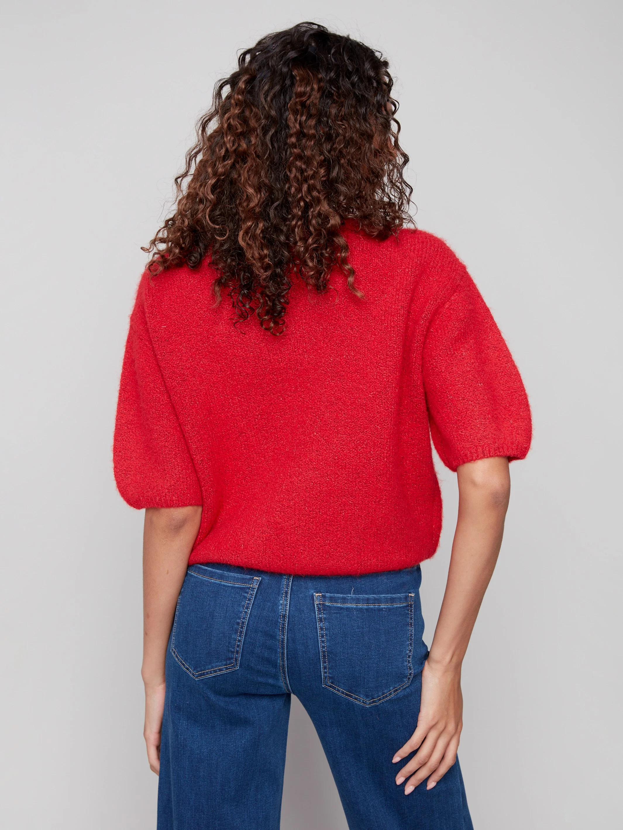 Balloon Elbow Sleeve Knit Sweater - Crimson - Image 6