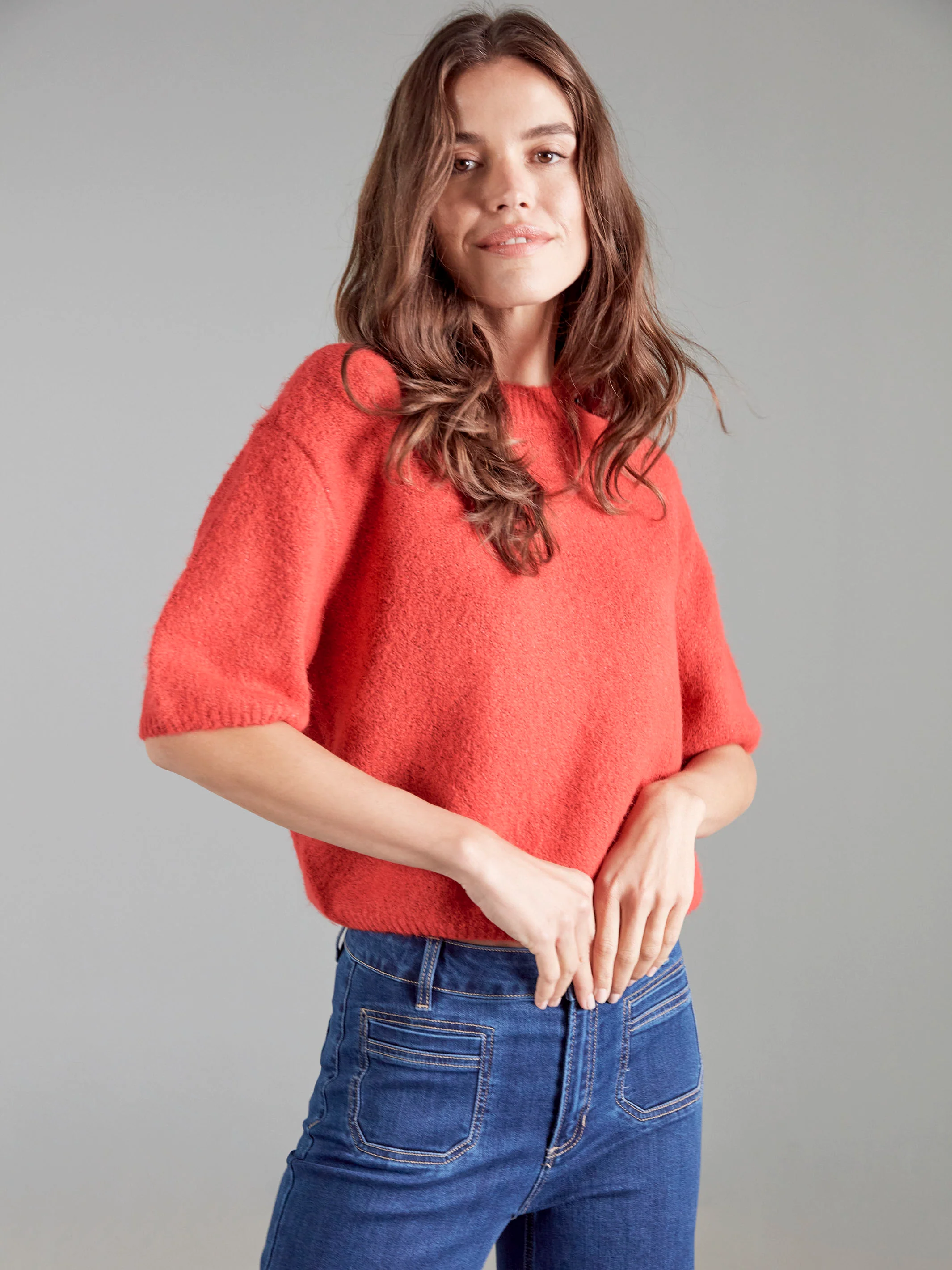 Balloon Elbow Sleeve Knit Sweater - Crimson - Image 7