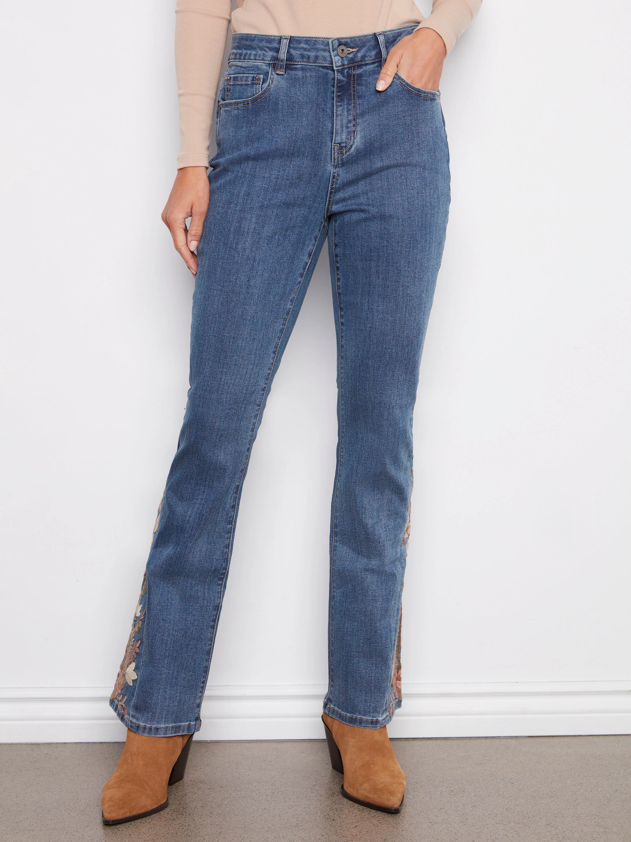 Bootcut Jeans With Floral Embroidery - Medium Blue - Image 3