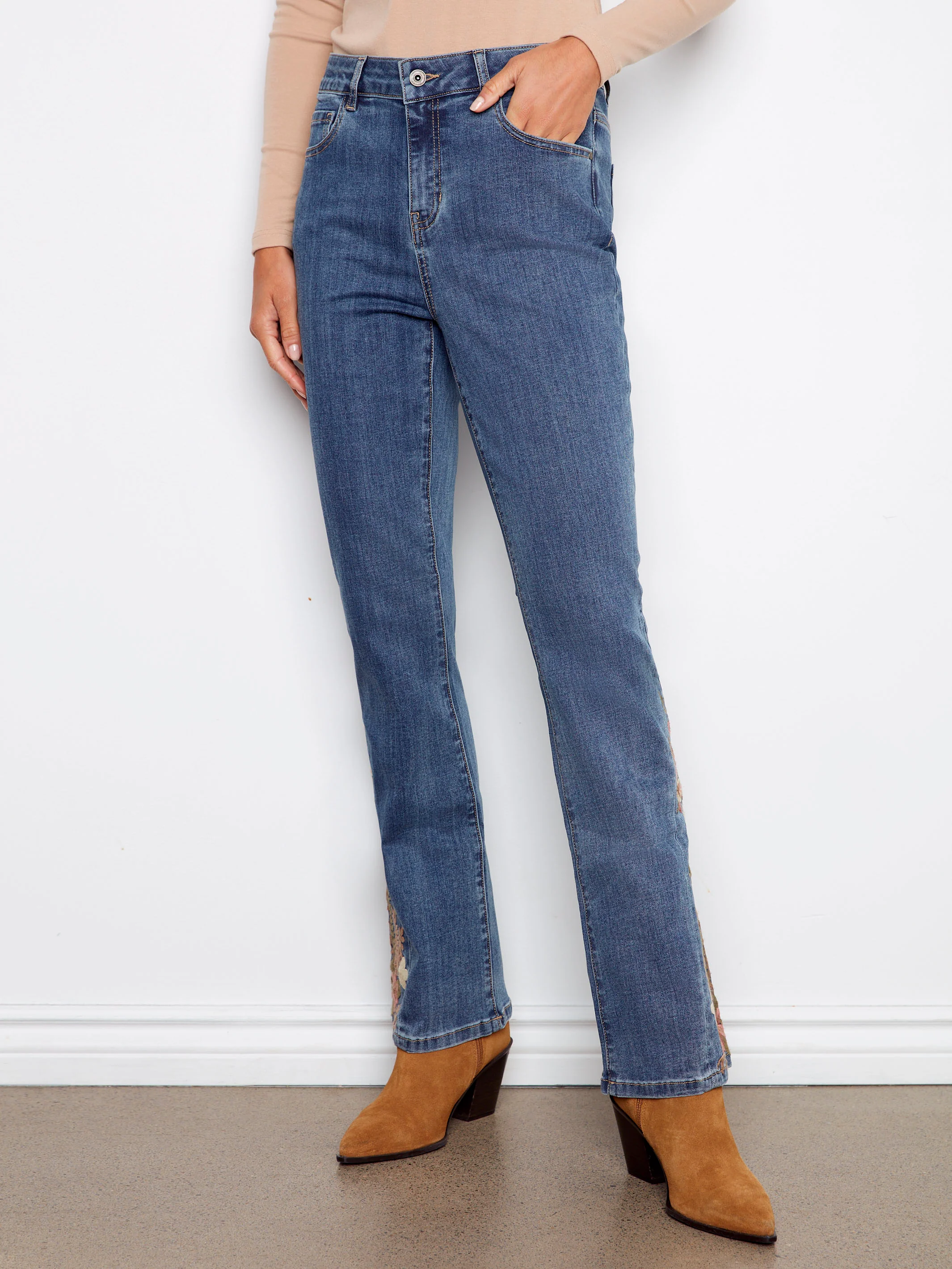 Bootcut Jeans With Floral Embroidery - Medium Blue - Image 5
