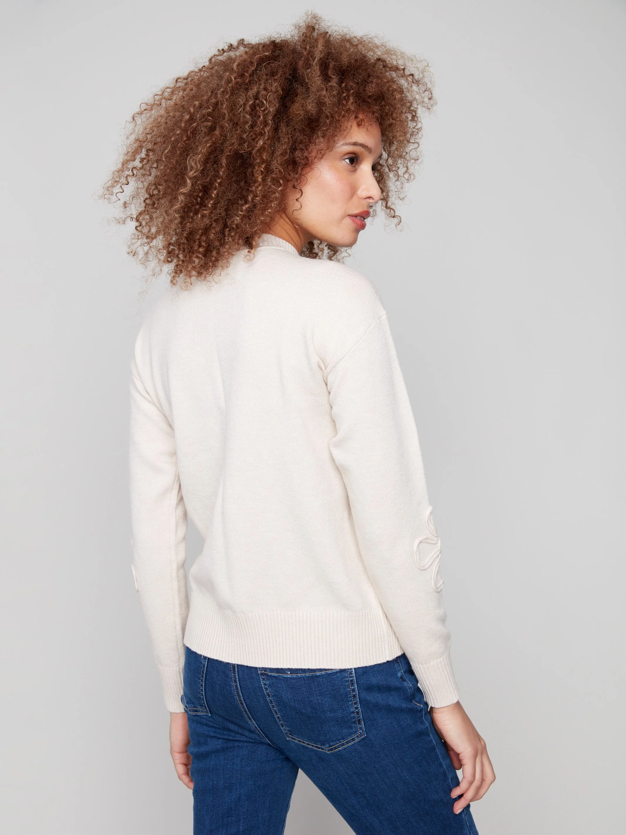 Crew Neck Floral Soutache Sweater - Heather Oat - Image 3