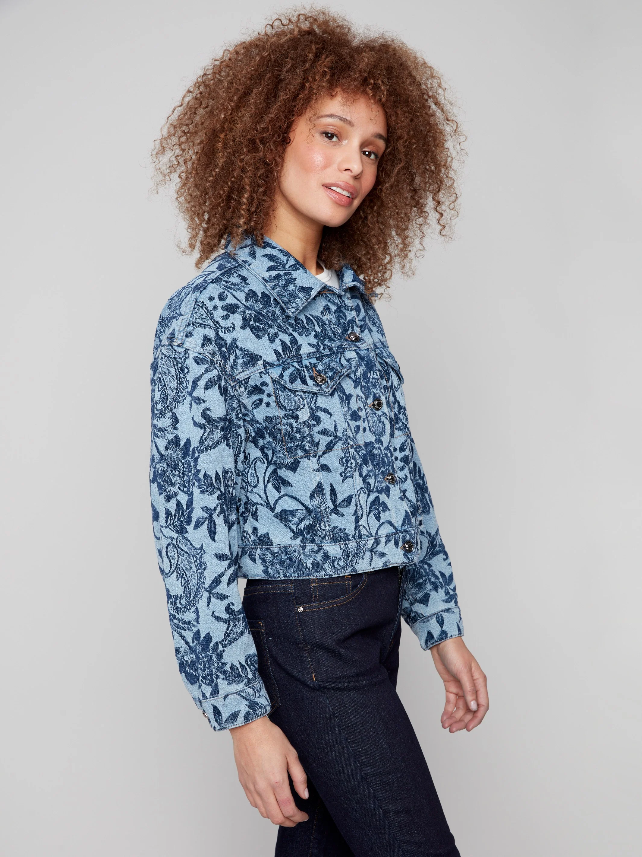 Cropped Jacquard Denim Jacket - Blue - Image 3