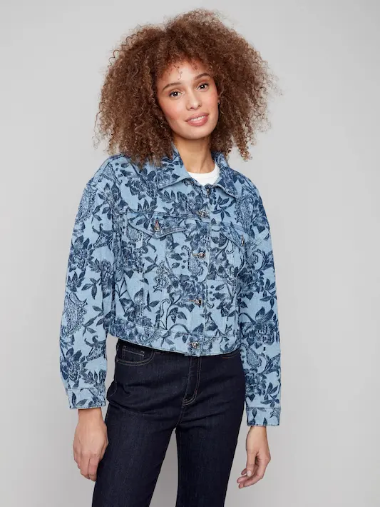 Cropped Jacquard Denim Jacket - Blue - Image 4