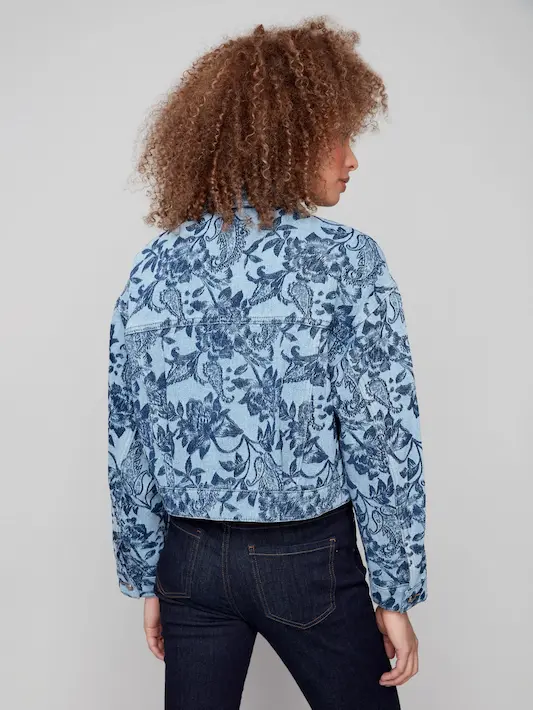 Cropped Jacquard Denim Jacket - Blue - Image 5