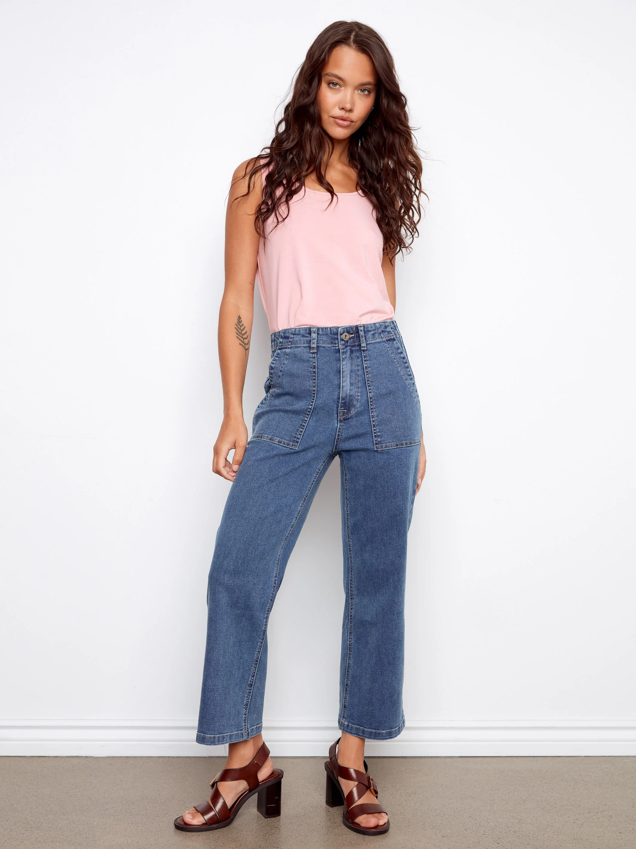 Cropped Utility Pocket Jeans - Medium Blue - Image 4