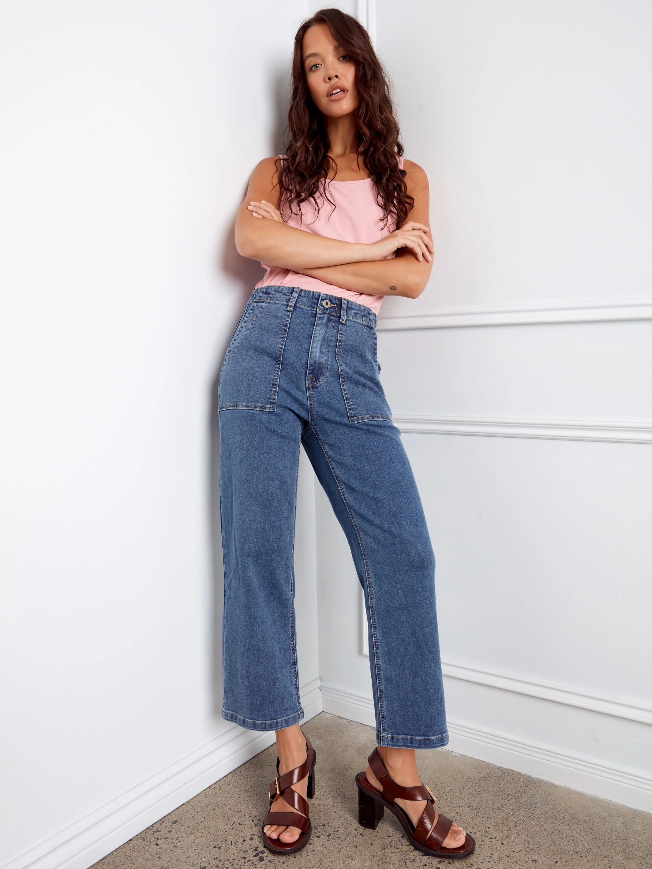 Cropped Utility Pocket Jeans - Medium Blue - Image 6