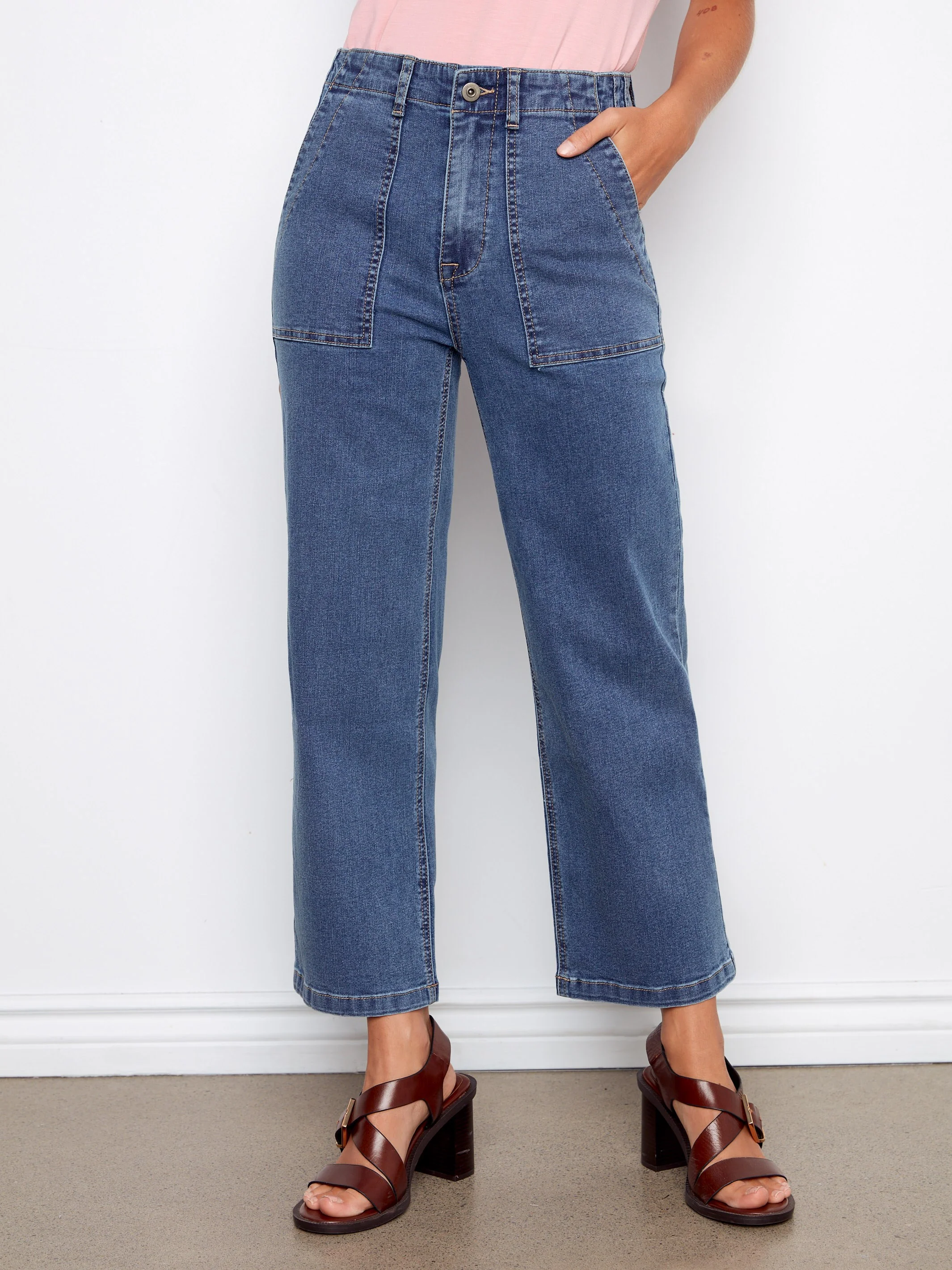 Cropped Utility Pocket Jeans - Medium Blue - Image 8