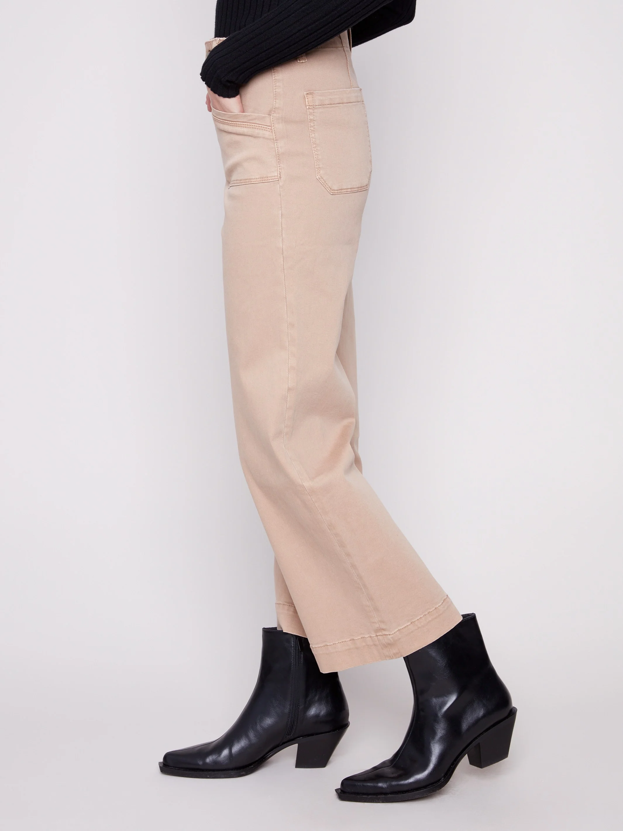 Cropped Wide Leg Stretch Twill Pants - Sesame - Image 3