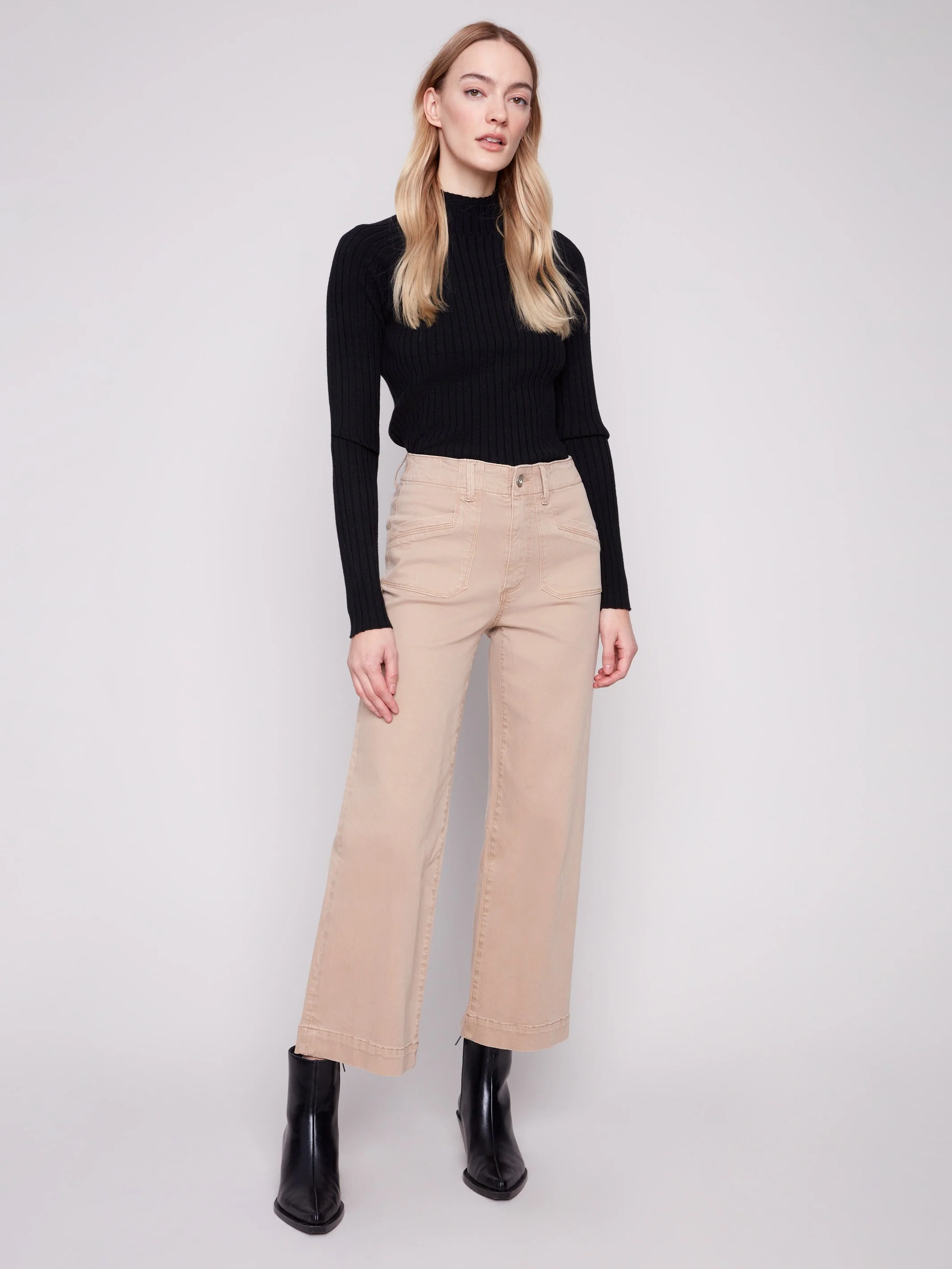 Cropped Wide Leg Stretch Twill Pants - Sesame - Image 5