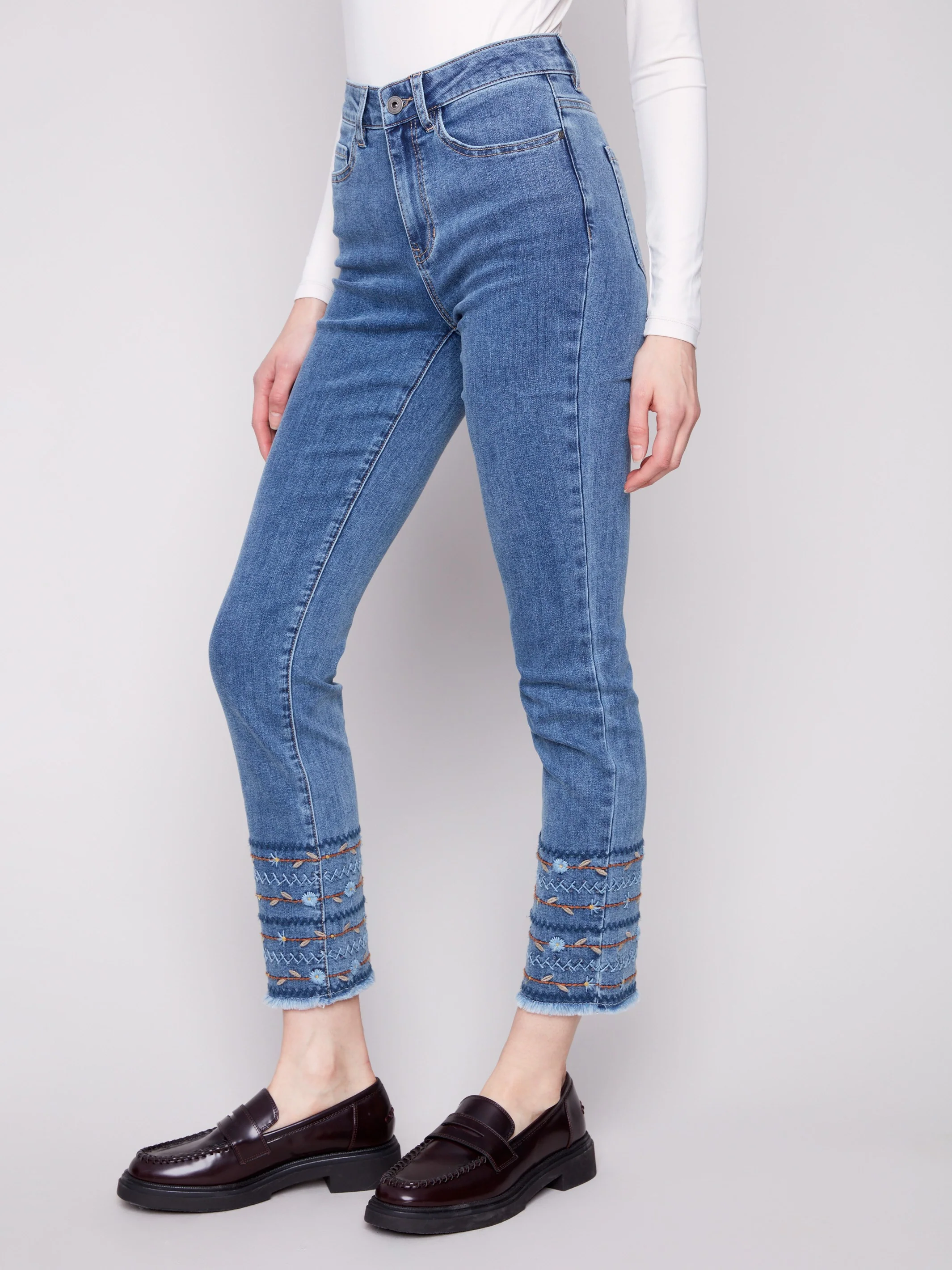 Embroidered Hem Jeans - Medium Blue - Image 3