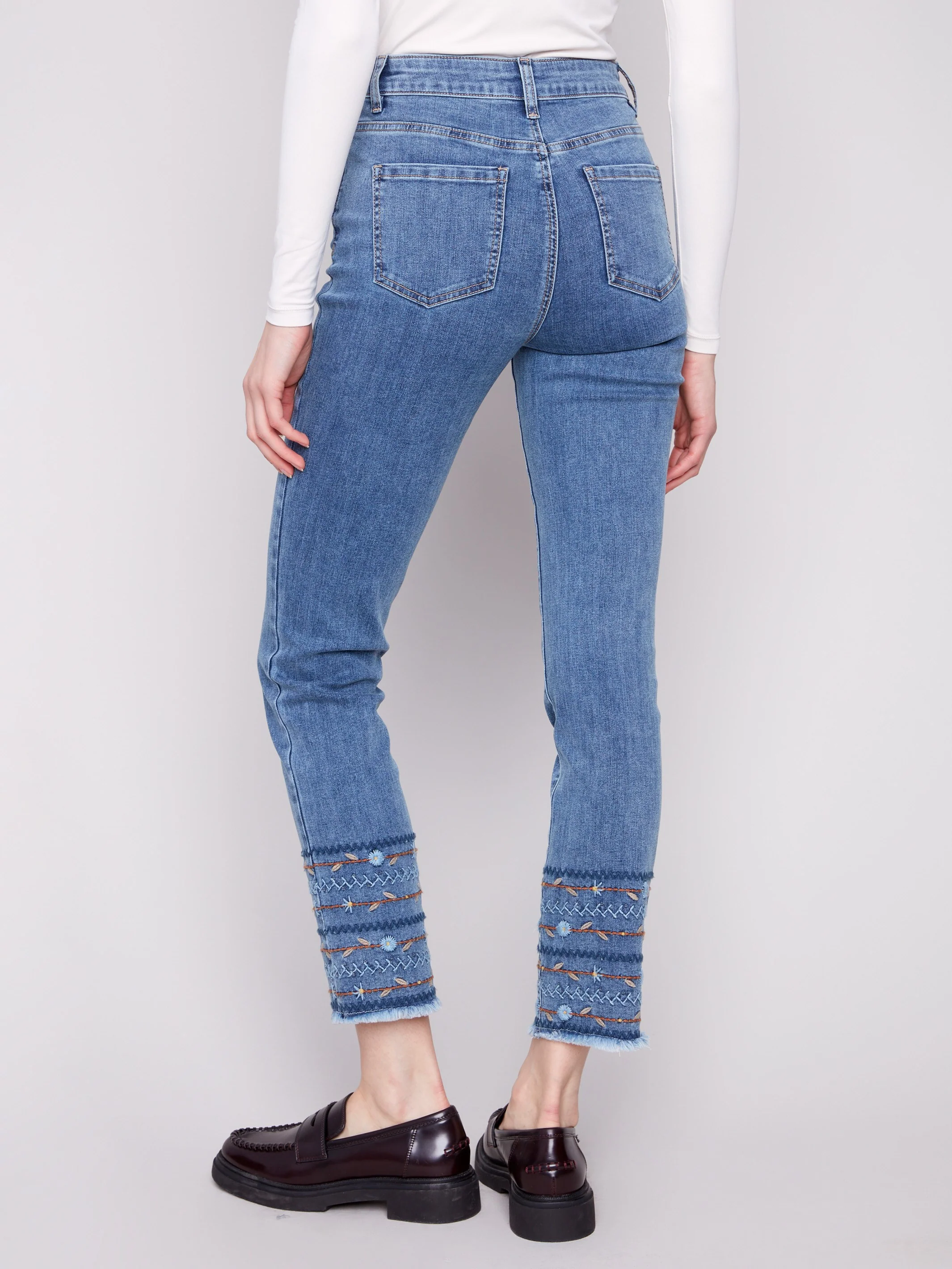 Embroidered Hem Jeans - Medium Blue - Image 4