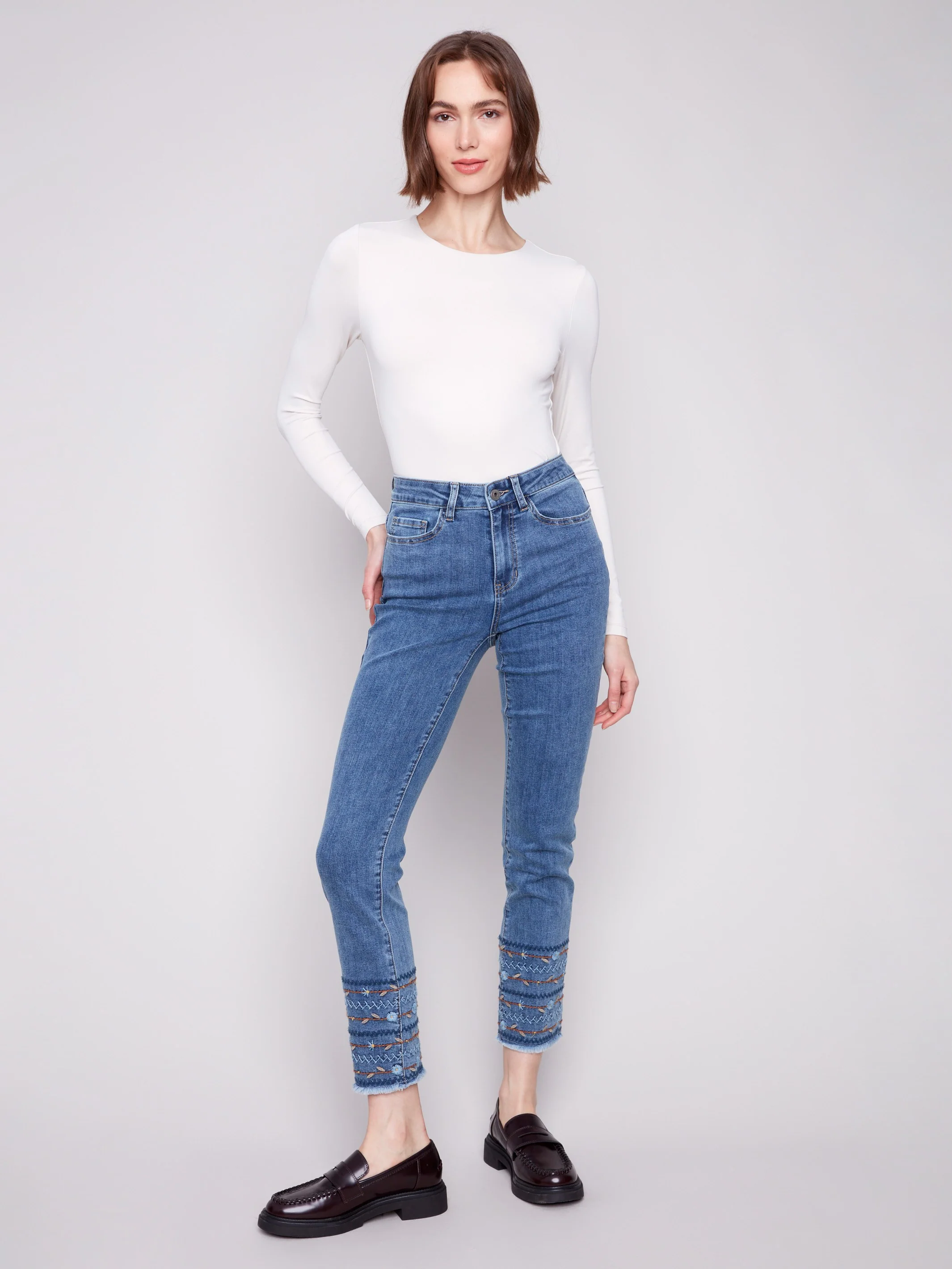 Embroidered Hem Jeans - Medium Blue - Image 5