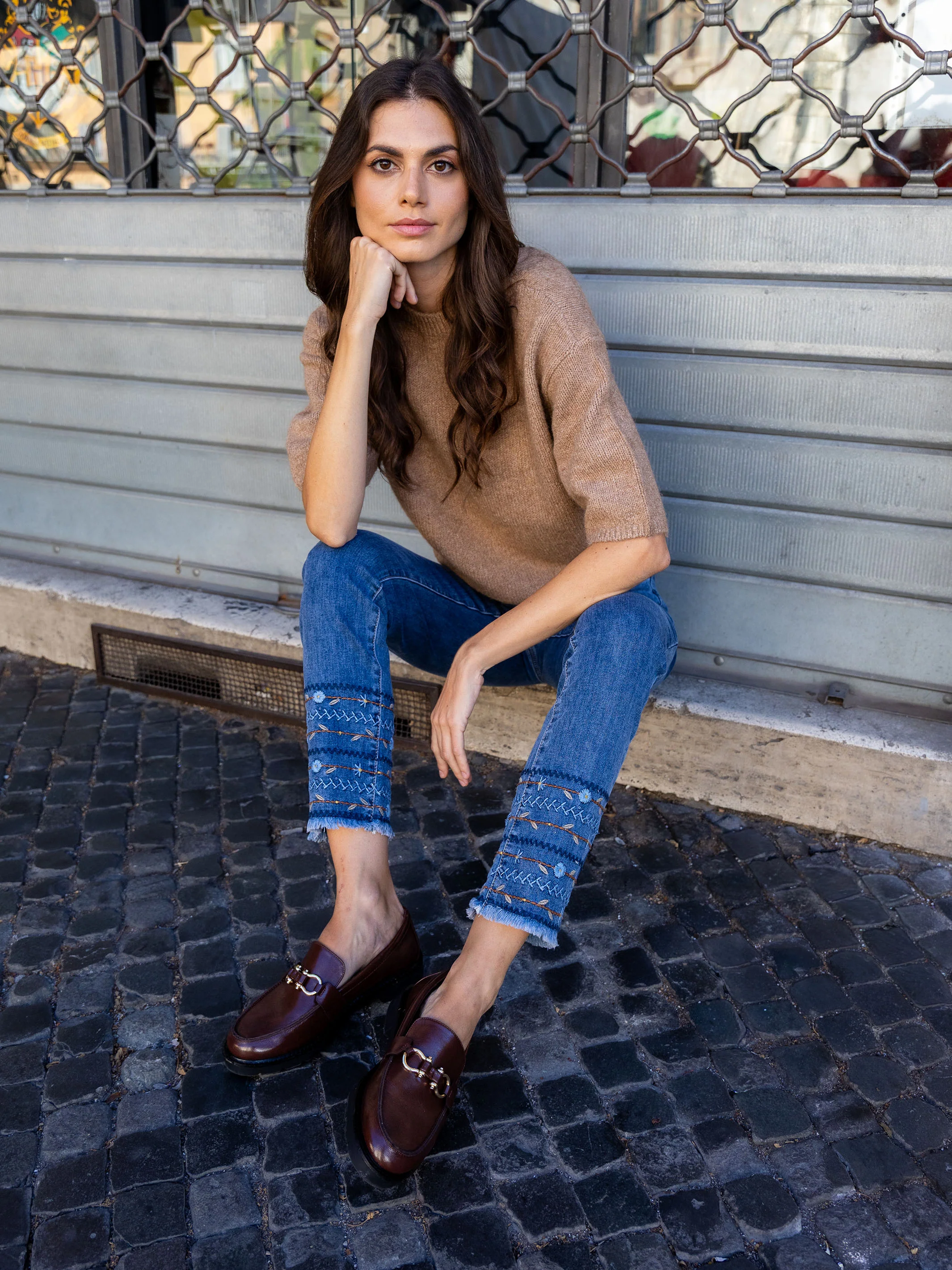Embroidered Hem Jeans - Medium Blue - Image 8