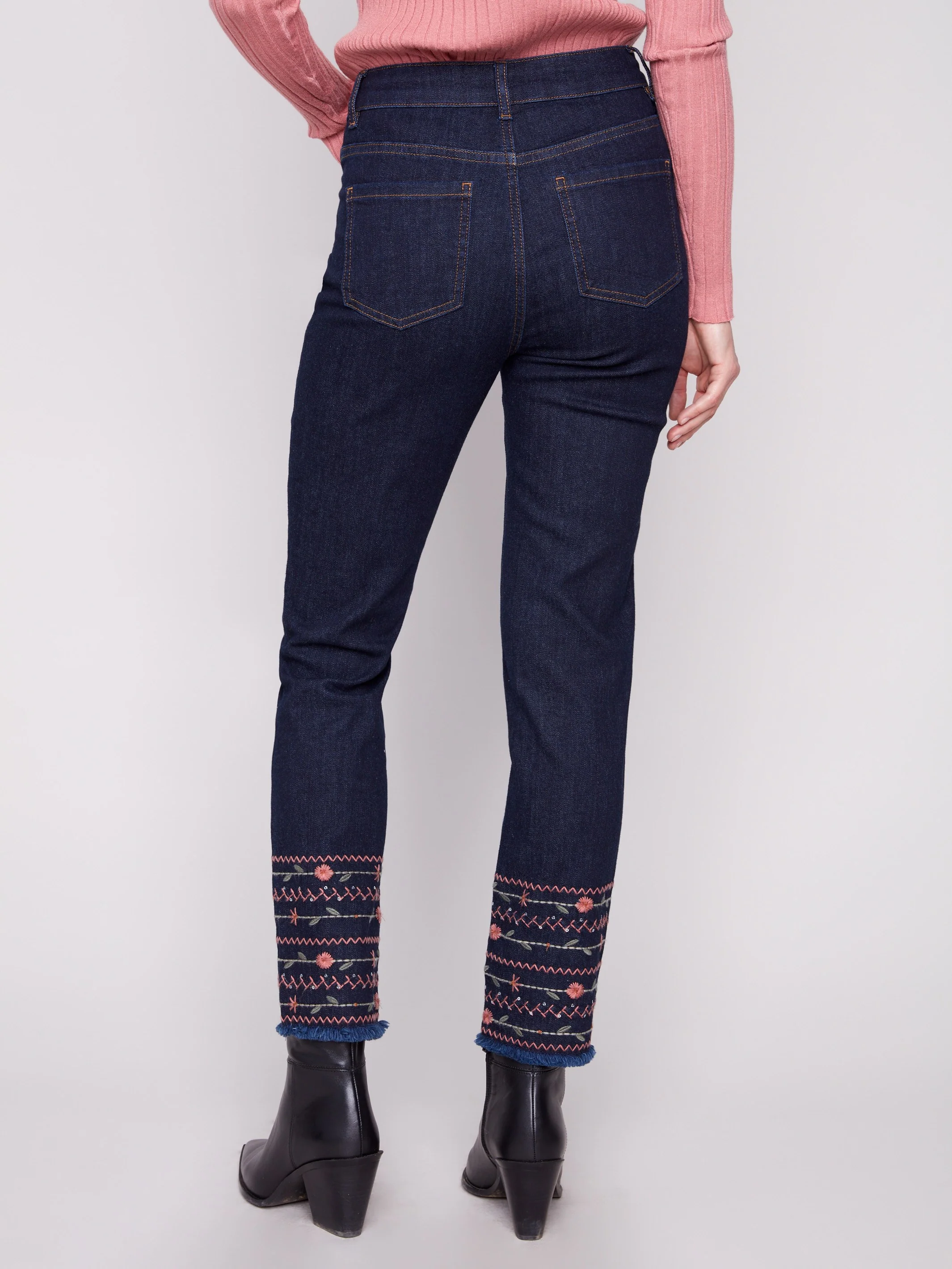 Embroidered Hem Jeans - Deep Blue - Image 3