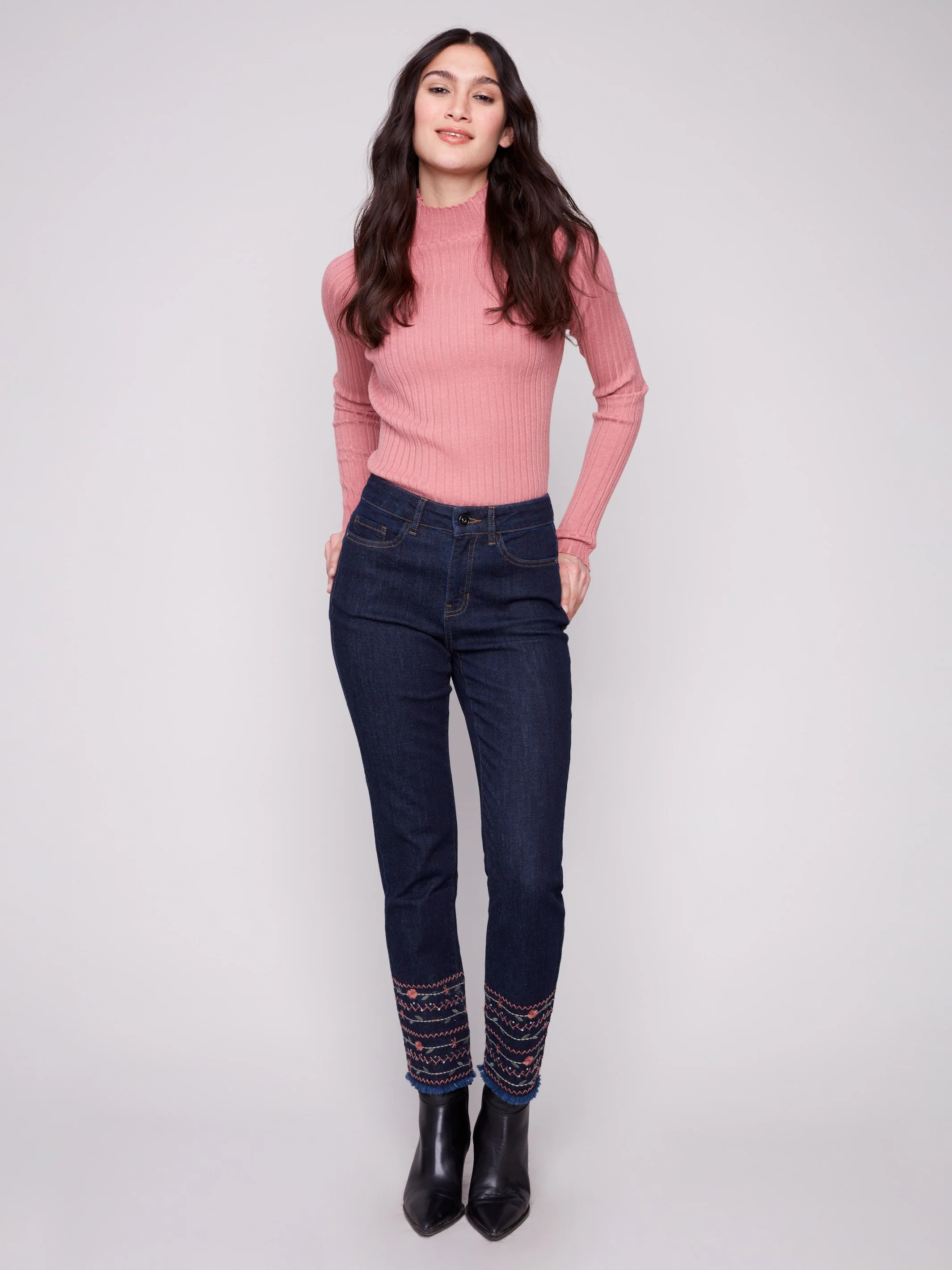 Embroidered Hem Jeans - Deep Blue - Image 4