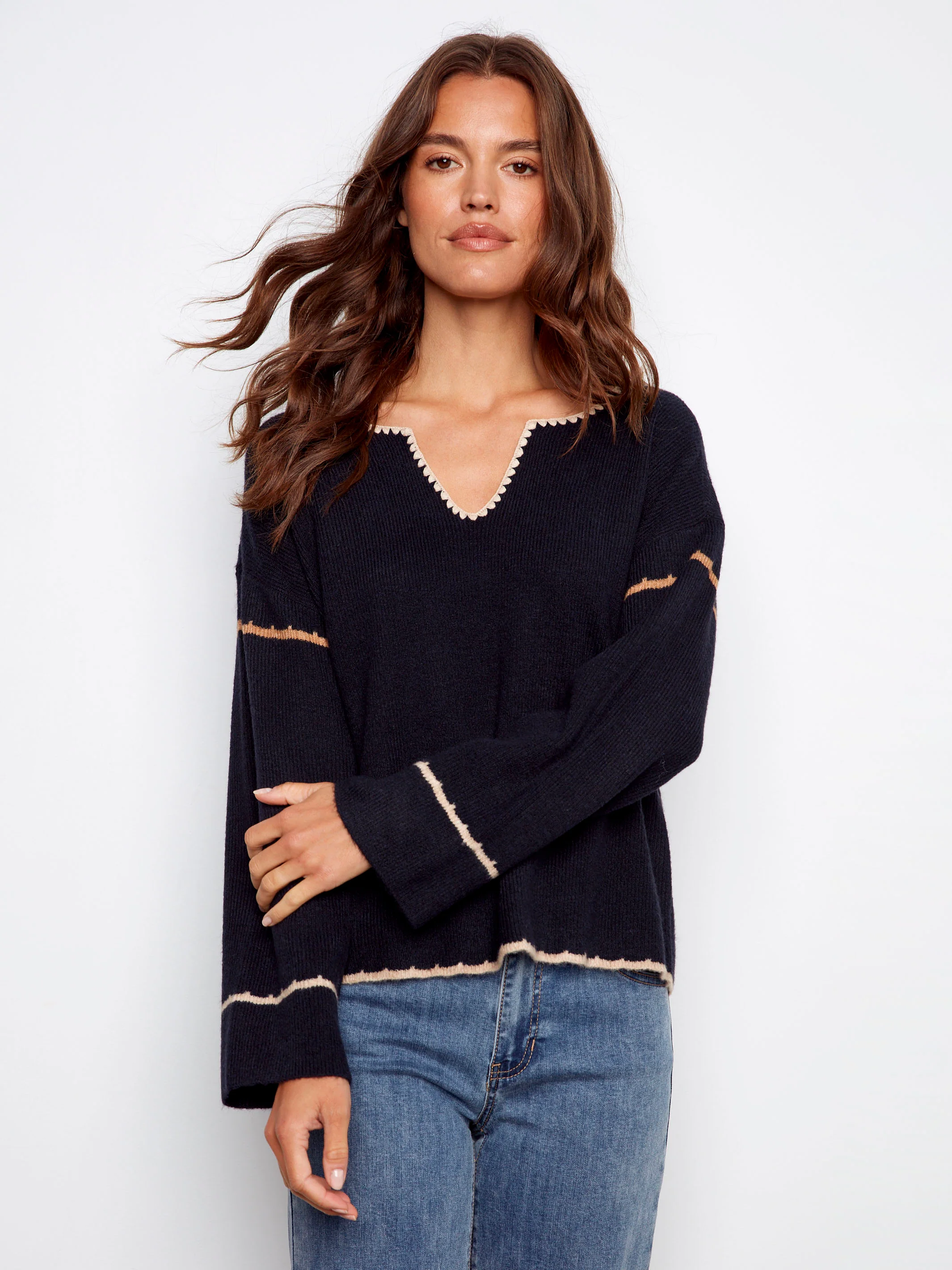 Embroidered Ribbed Sweater With Notch Neck - Navy - Image 4