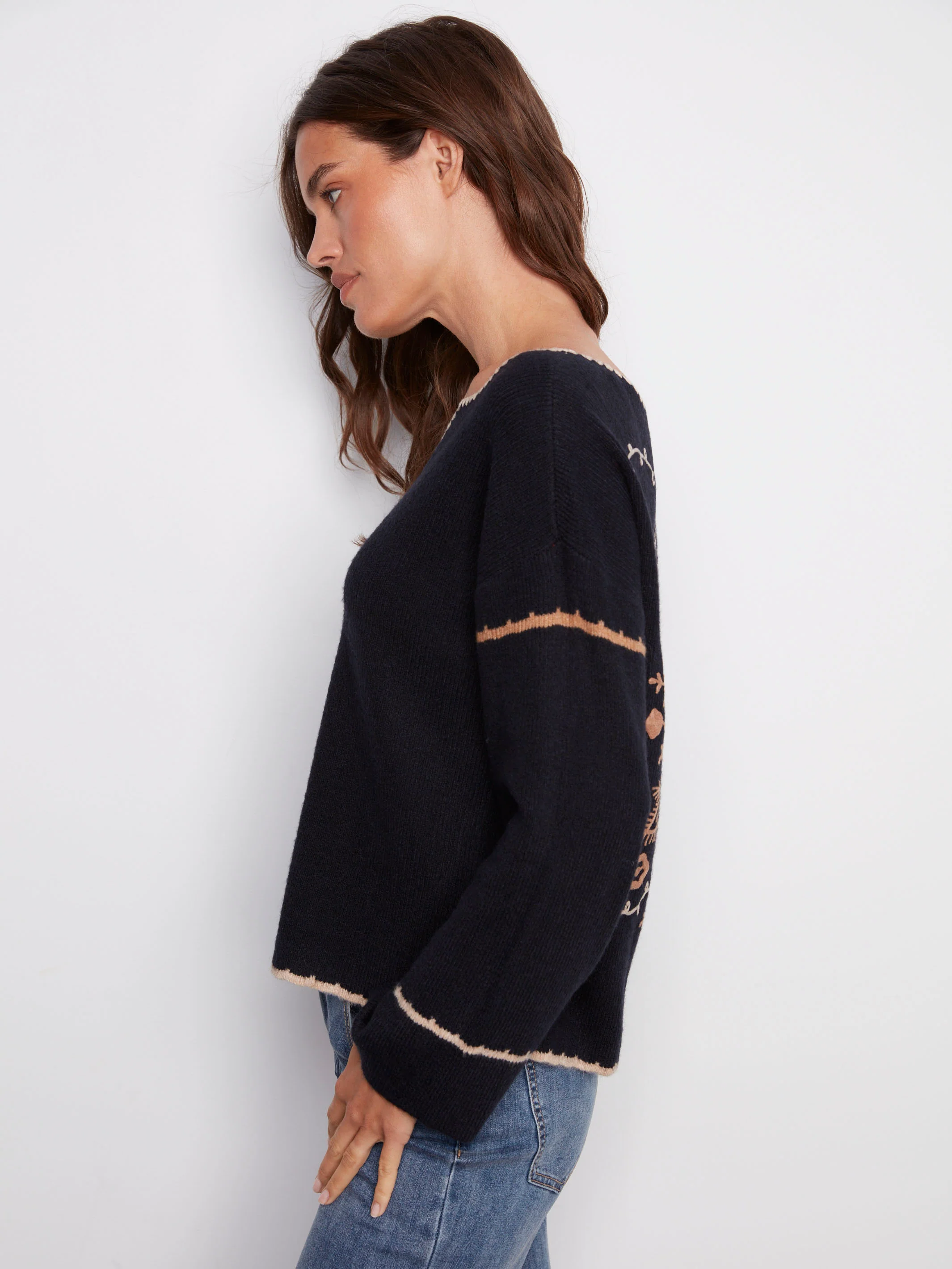 Embroidered Ribbed Sweater With Notch Neck - Navy - Image 6