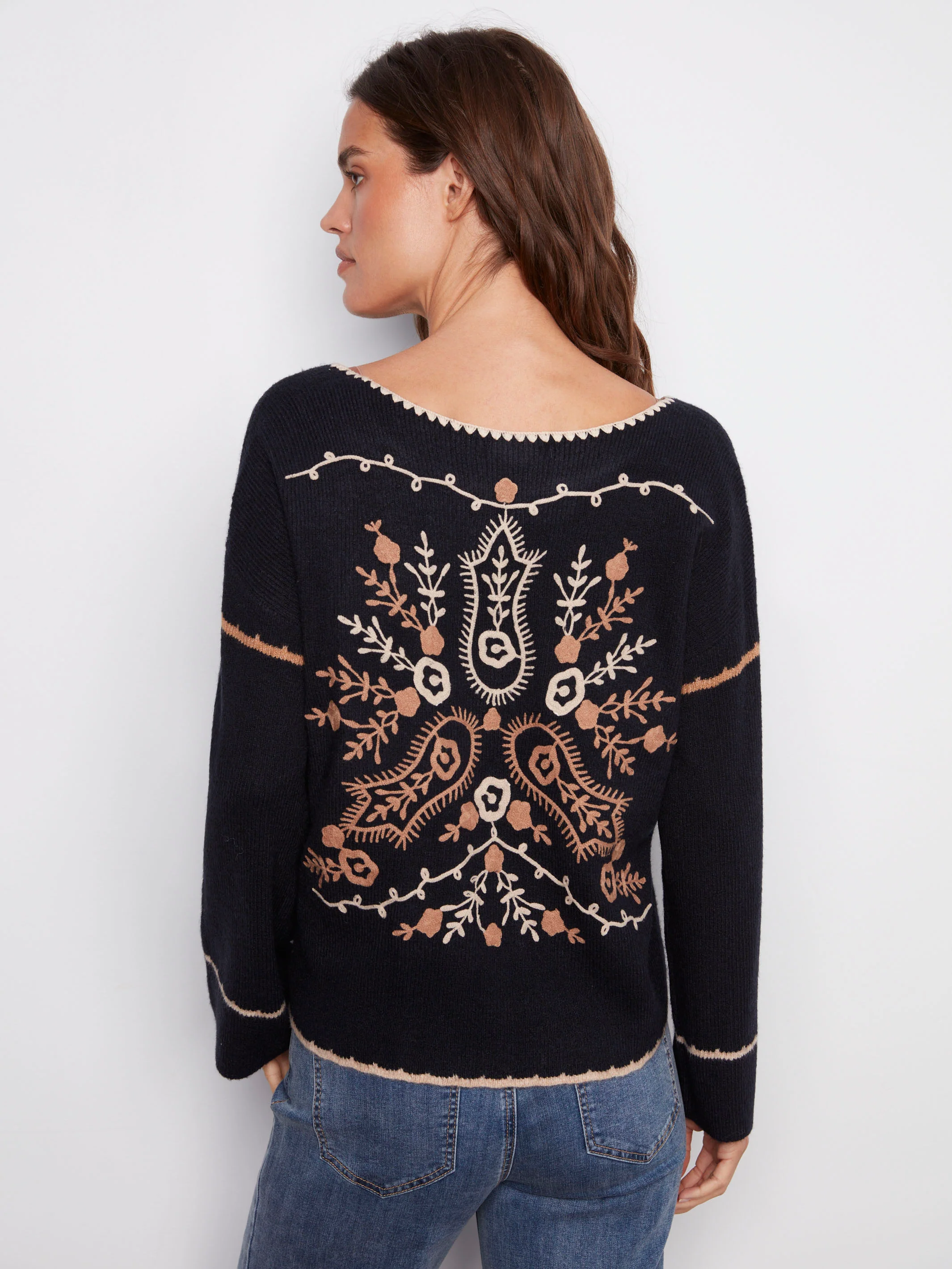 Embroidered Ribbed Sweater With Notch Neck - Navy - Image 7
