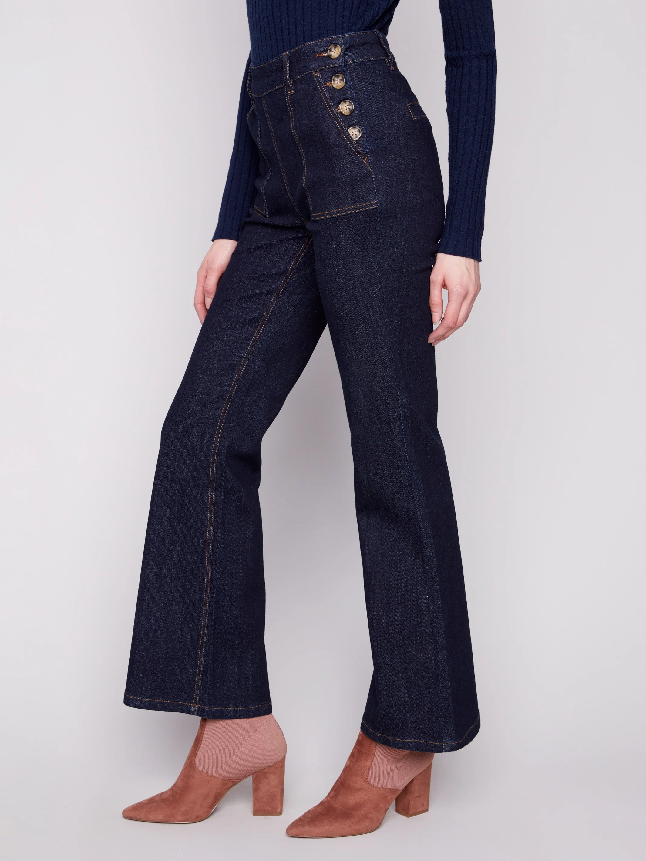 Flare Leg Jeans With Side Buttons - Deep Blue - Image 3