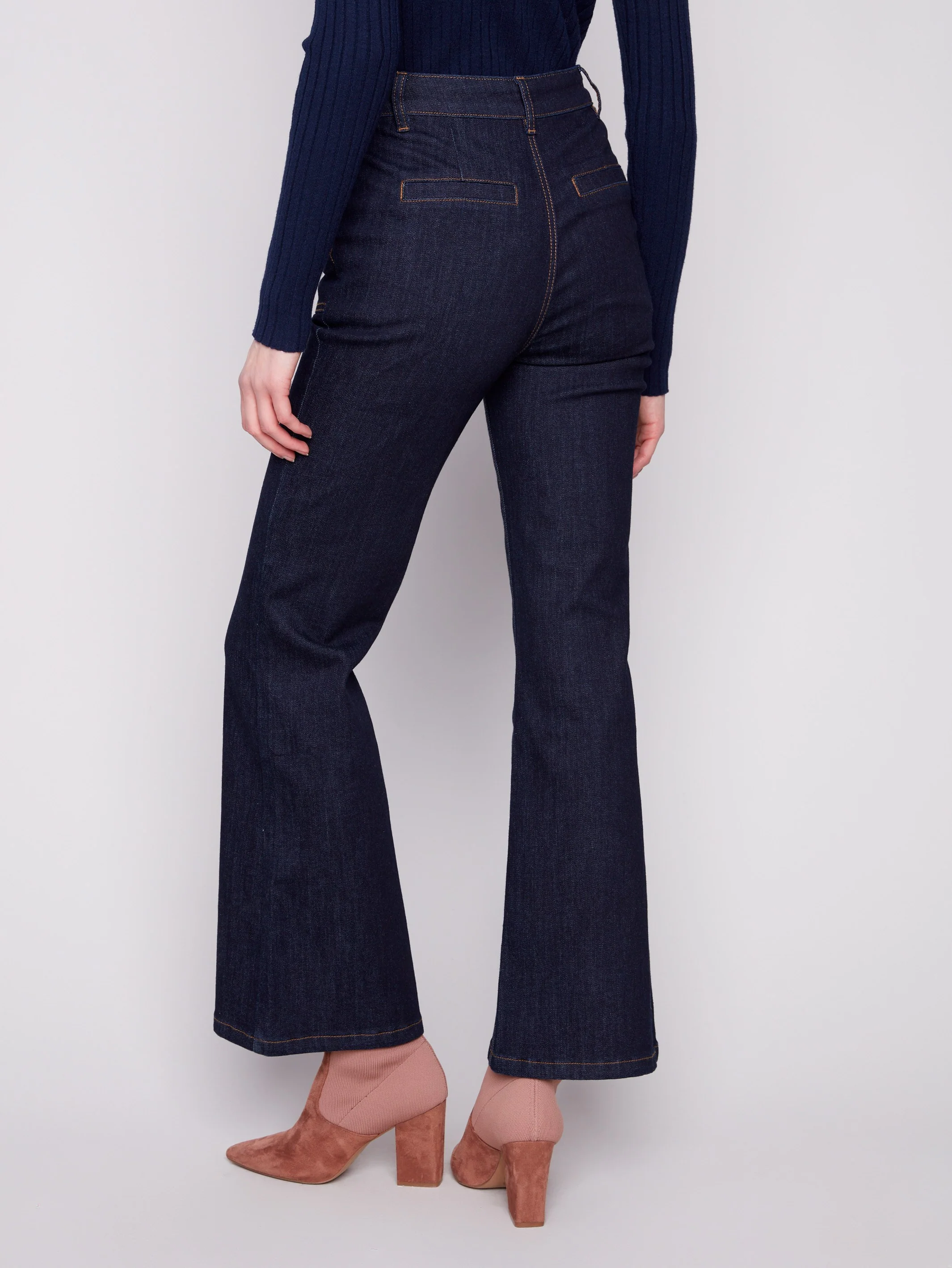 Flare Leg Jeans With Side Buttons - Deep Blue - Image 4