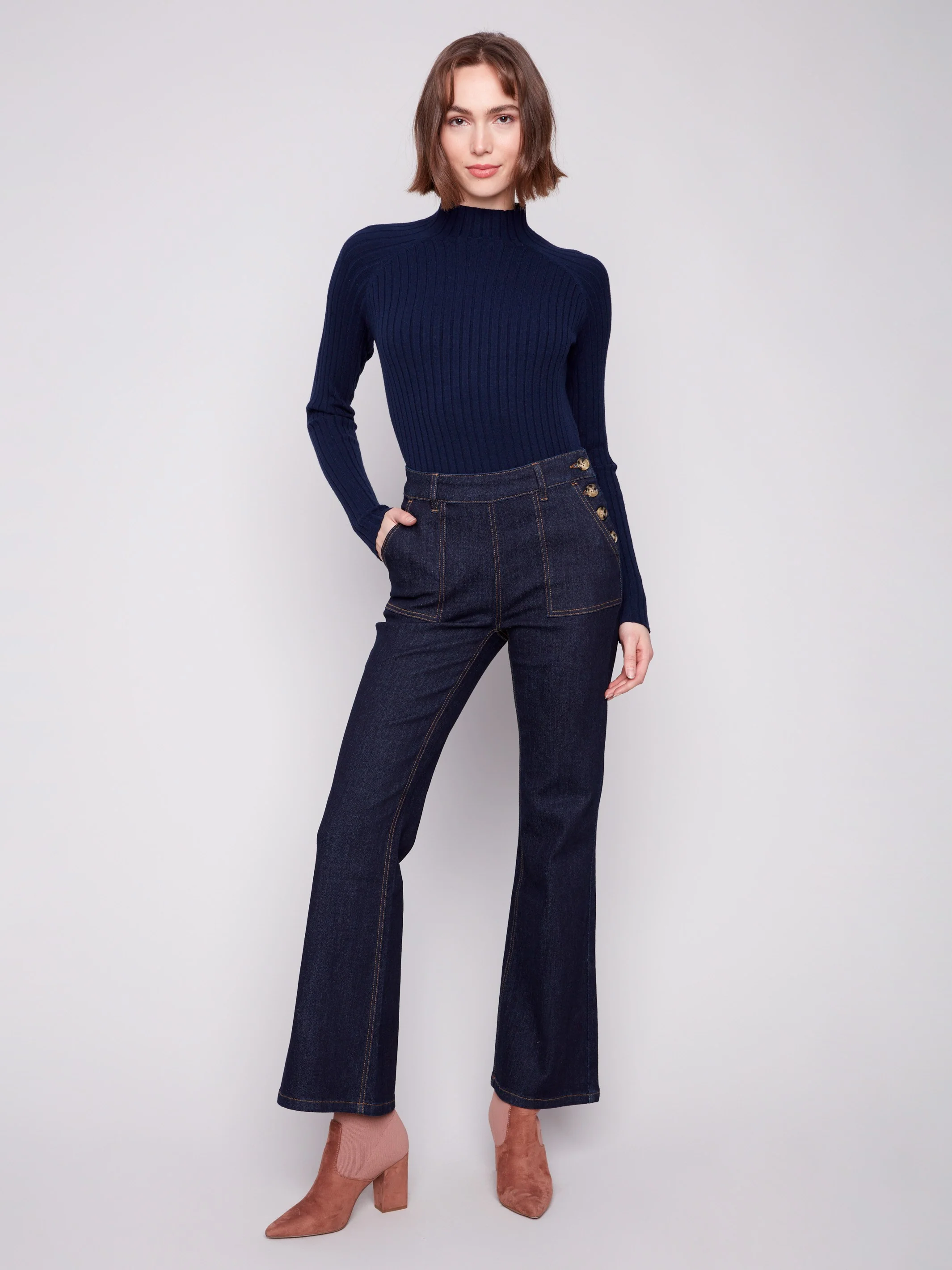 Flare Leg Jeans With Side Buttons - Deep Blue - Image 5
