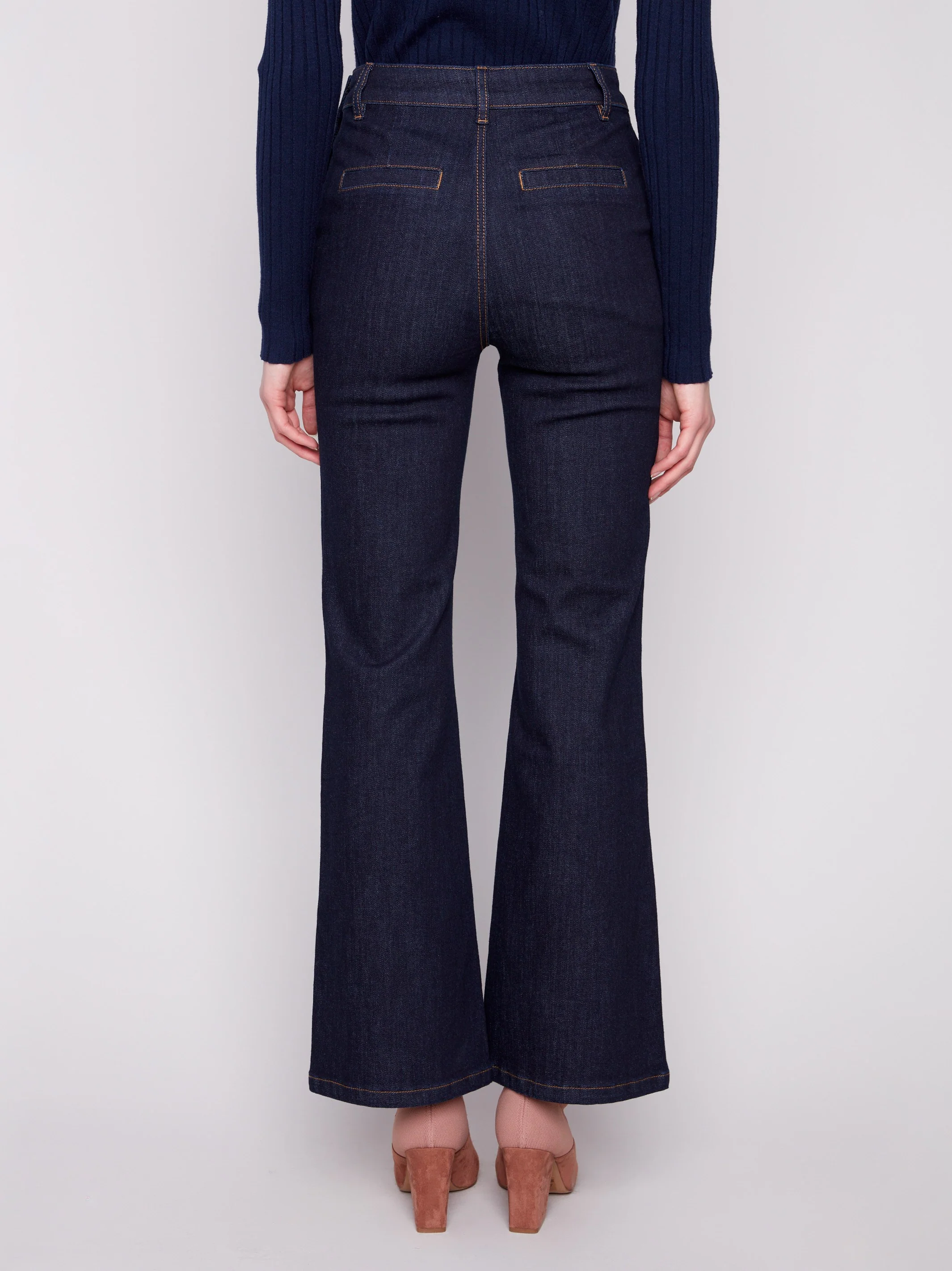 Flare Leg Jeans With Side Buttons - Deep Blue - Image 6