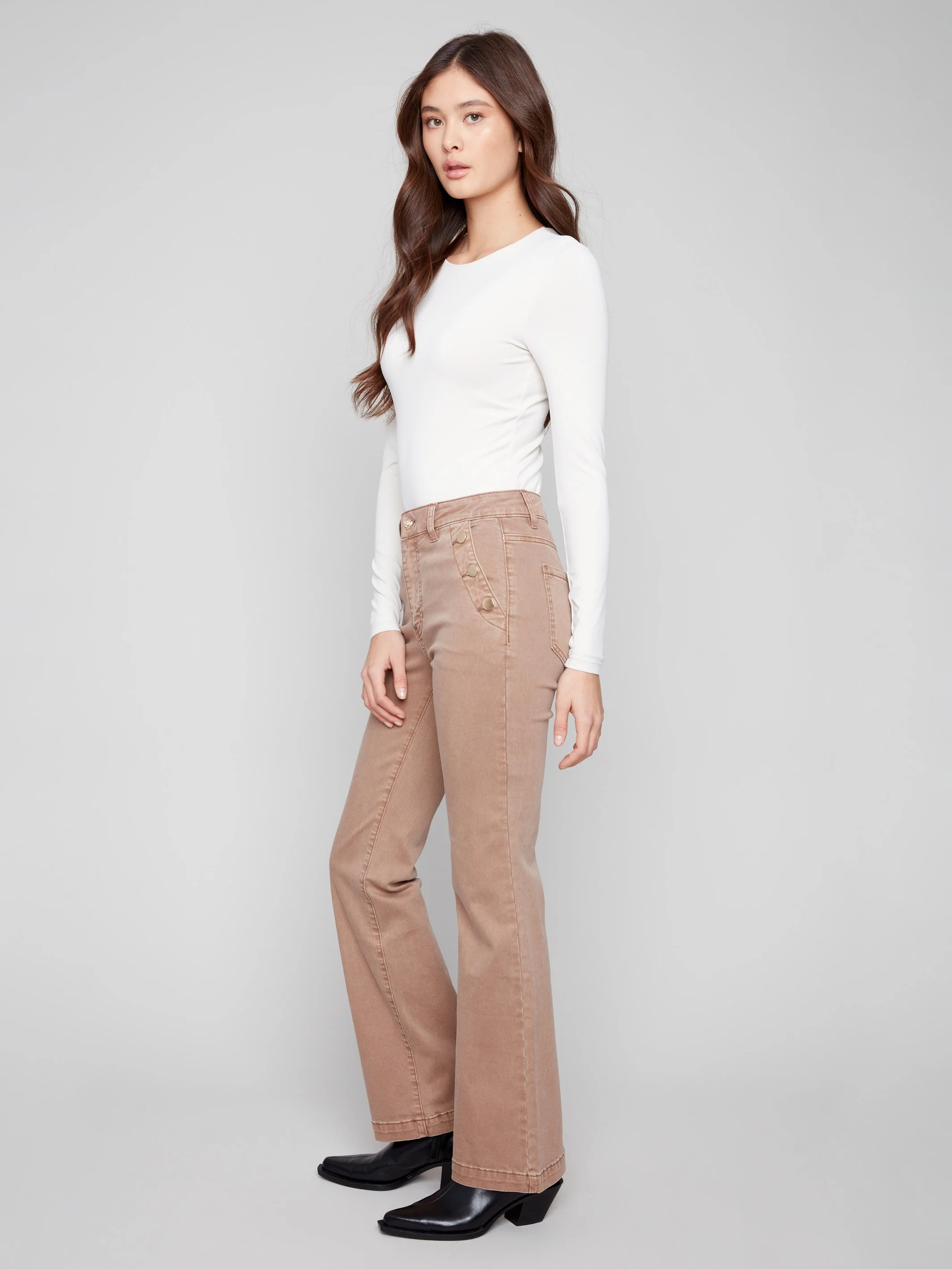 Flare Leg Stretch Twill Pants With Buttons - Truffle - Image 3