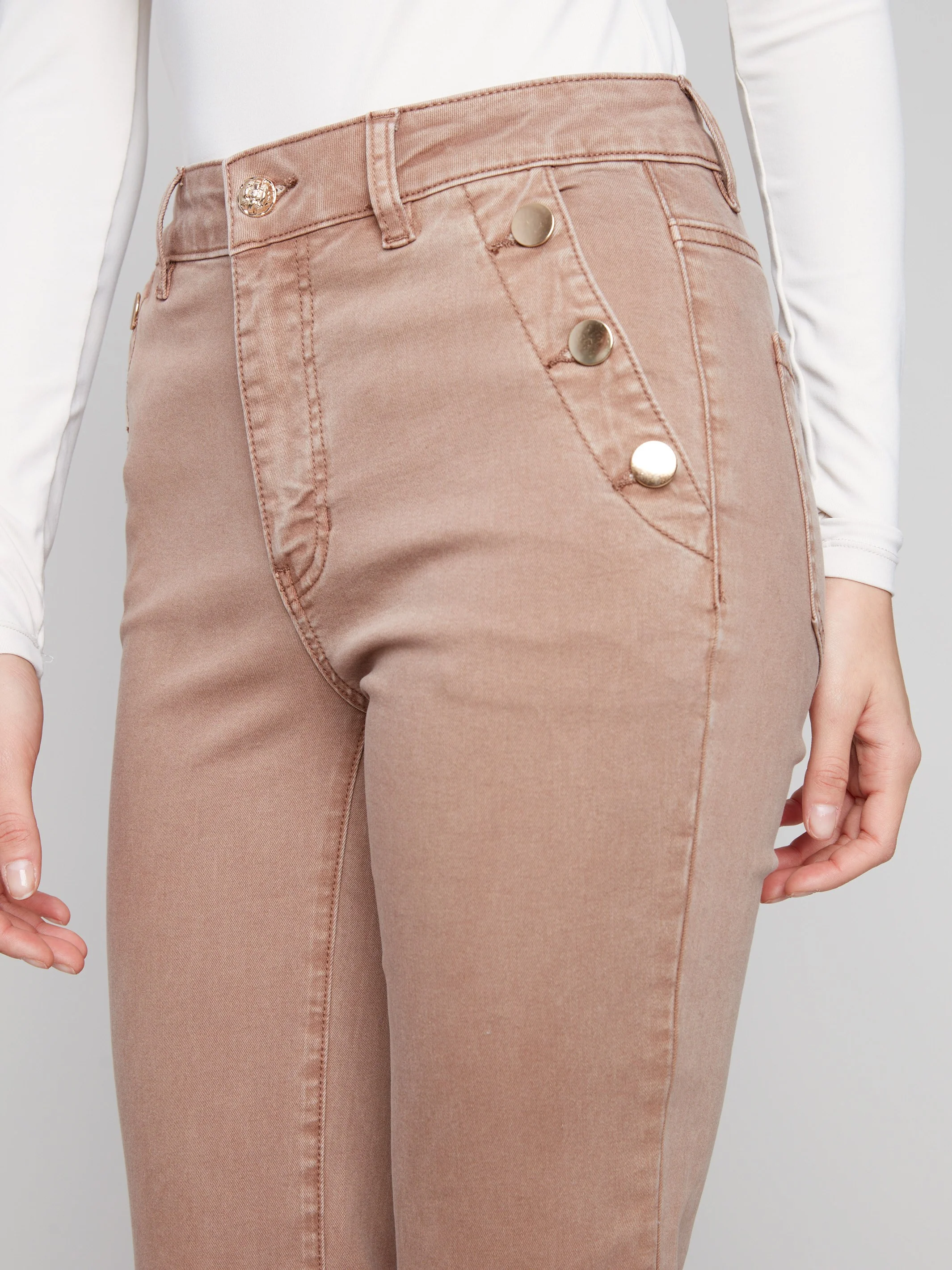 Flare Leg Stretch Twill Pants With Buttons - Truffle - Image 4