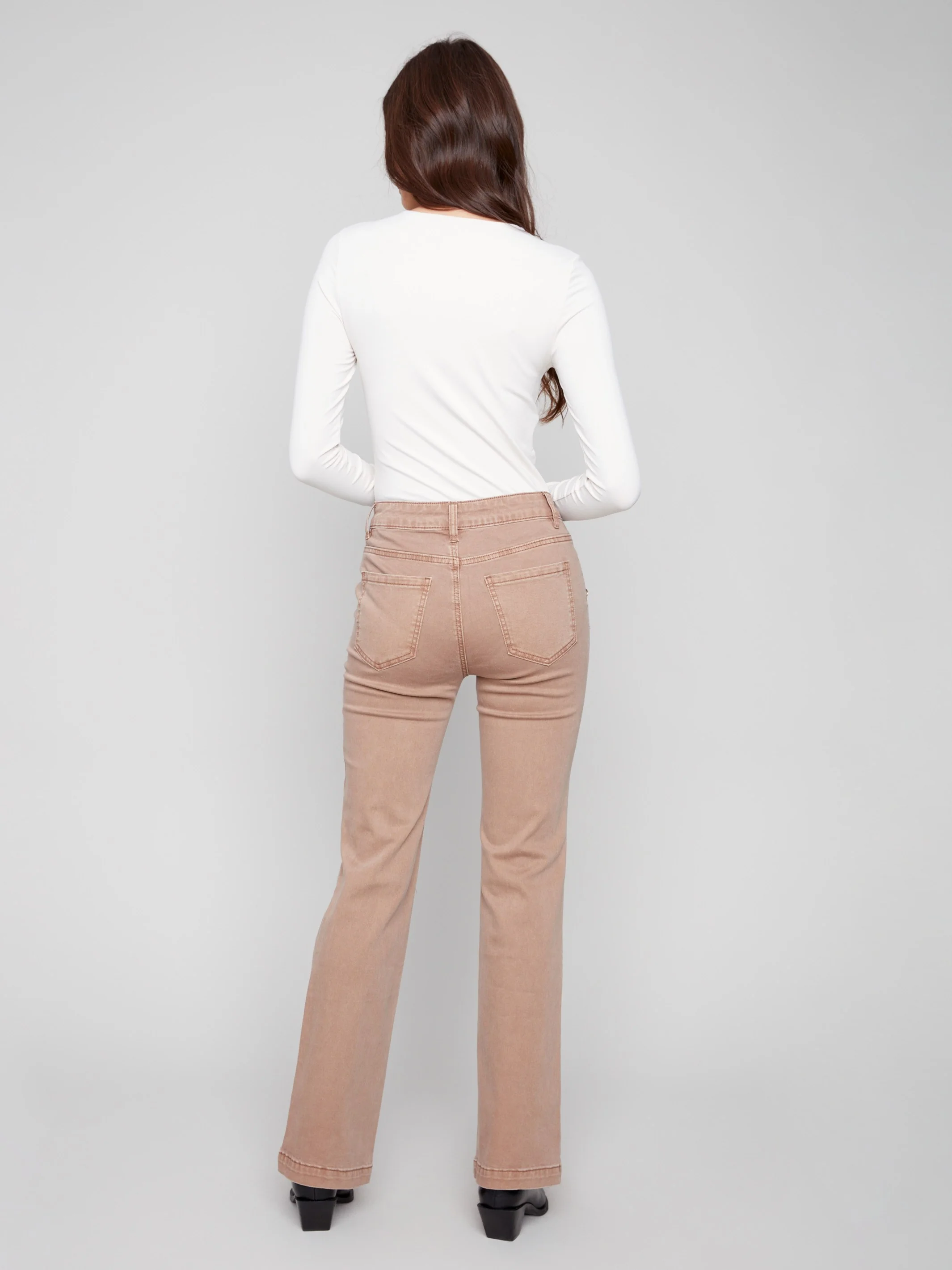 Flare Leg Stretch Twill Pants With Buttons - Truffle - Image 5