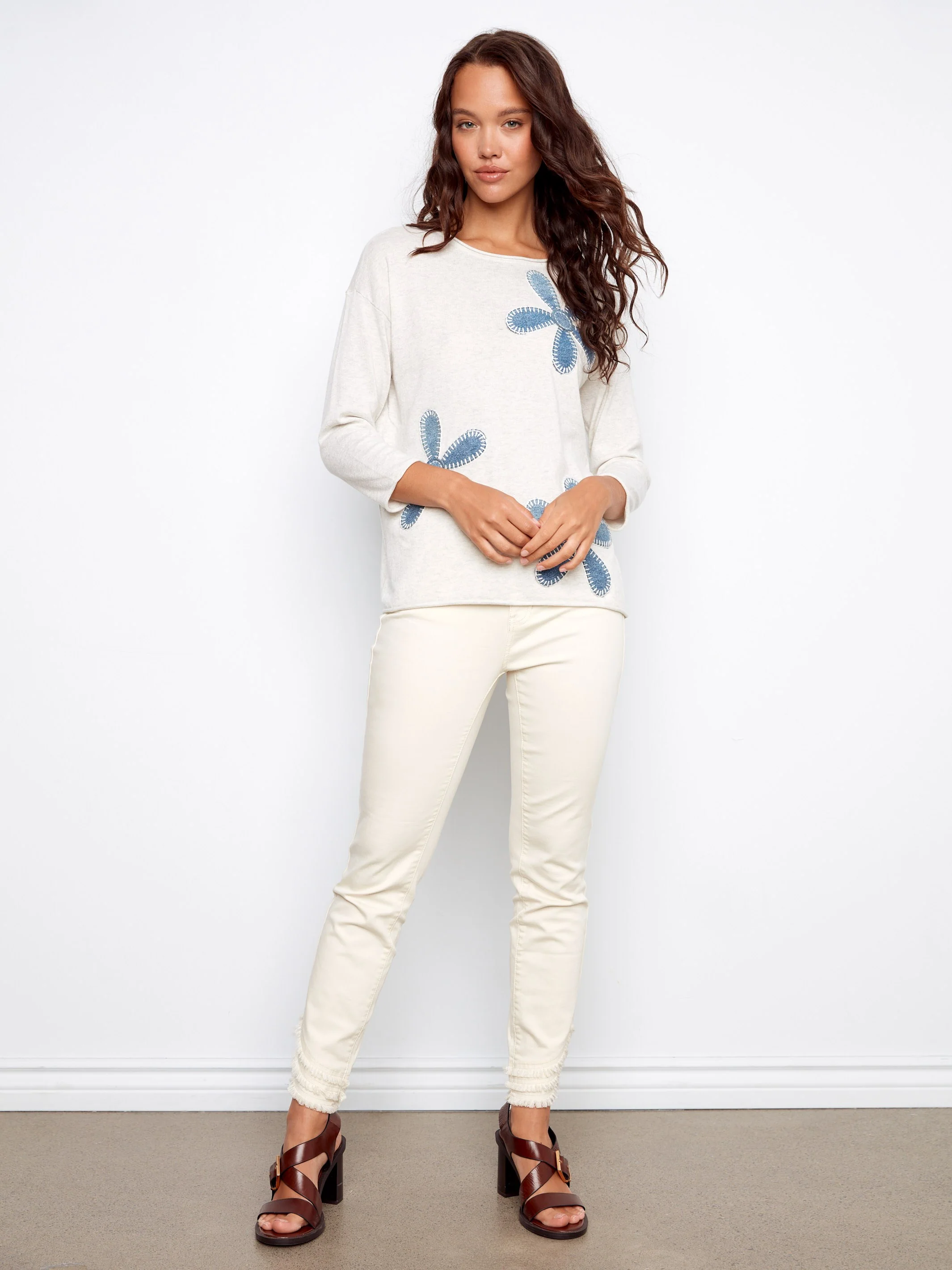 Floral Denim Patch Sweater - Heather Oat - Image 5