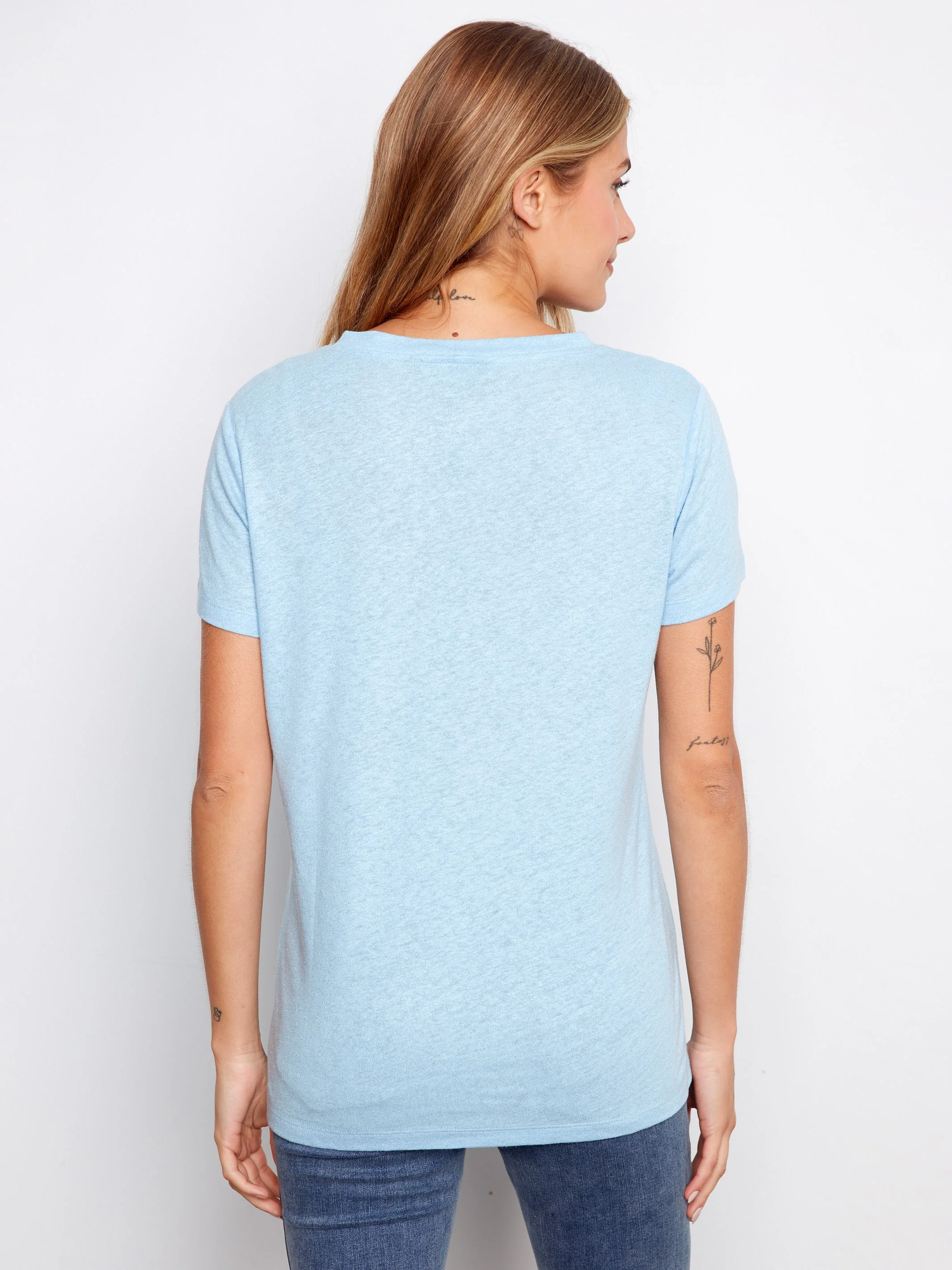 Foiled Linen Blend V-Neck T-Shirt - Bluebell - Image 3
