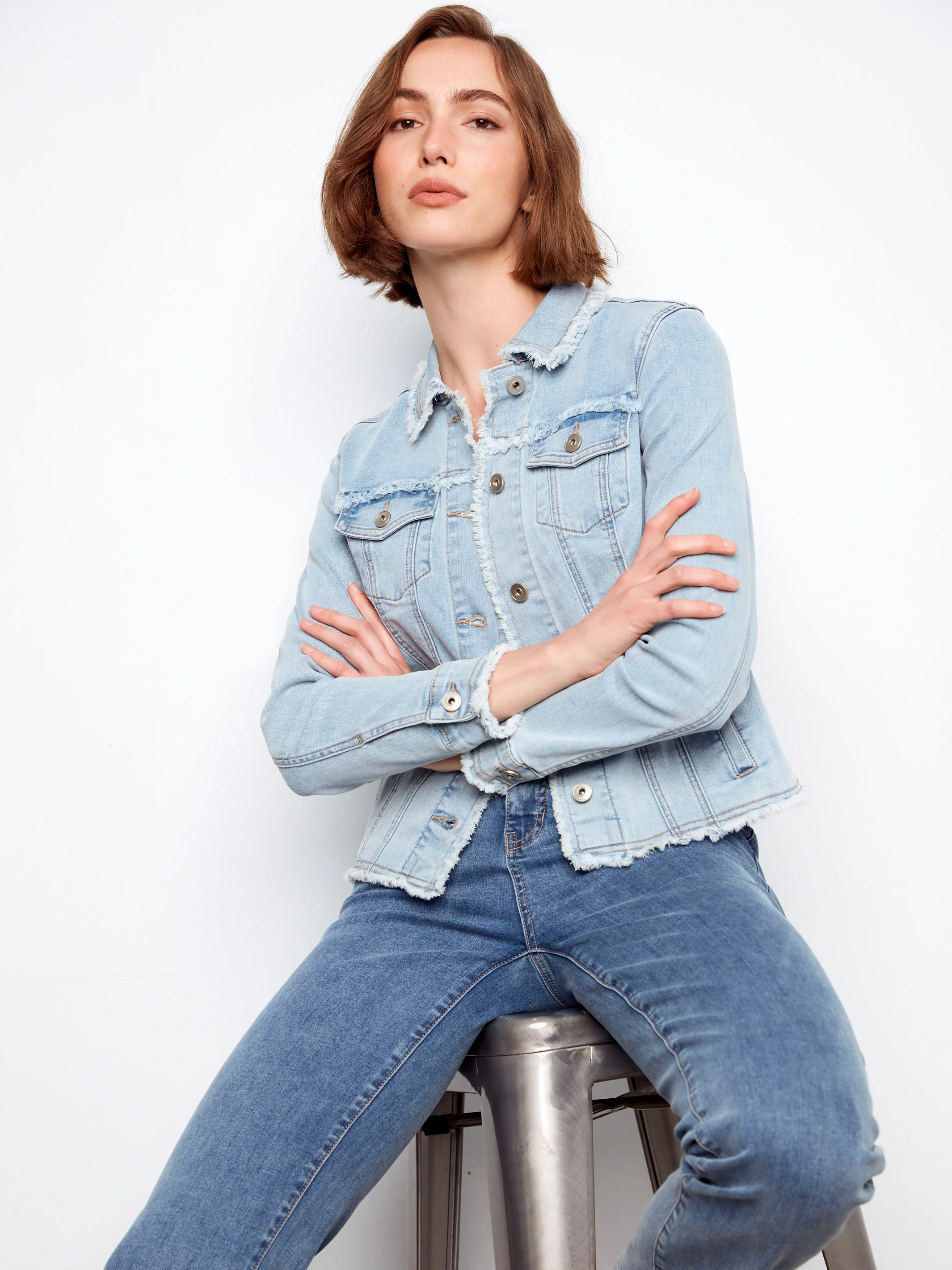 Frayed Edge Stretch Denim Jacket - Bleach Blue - Image 10