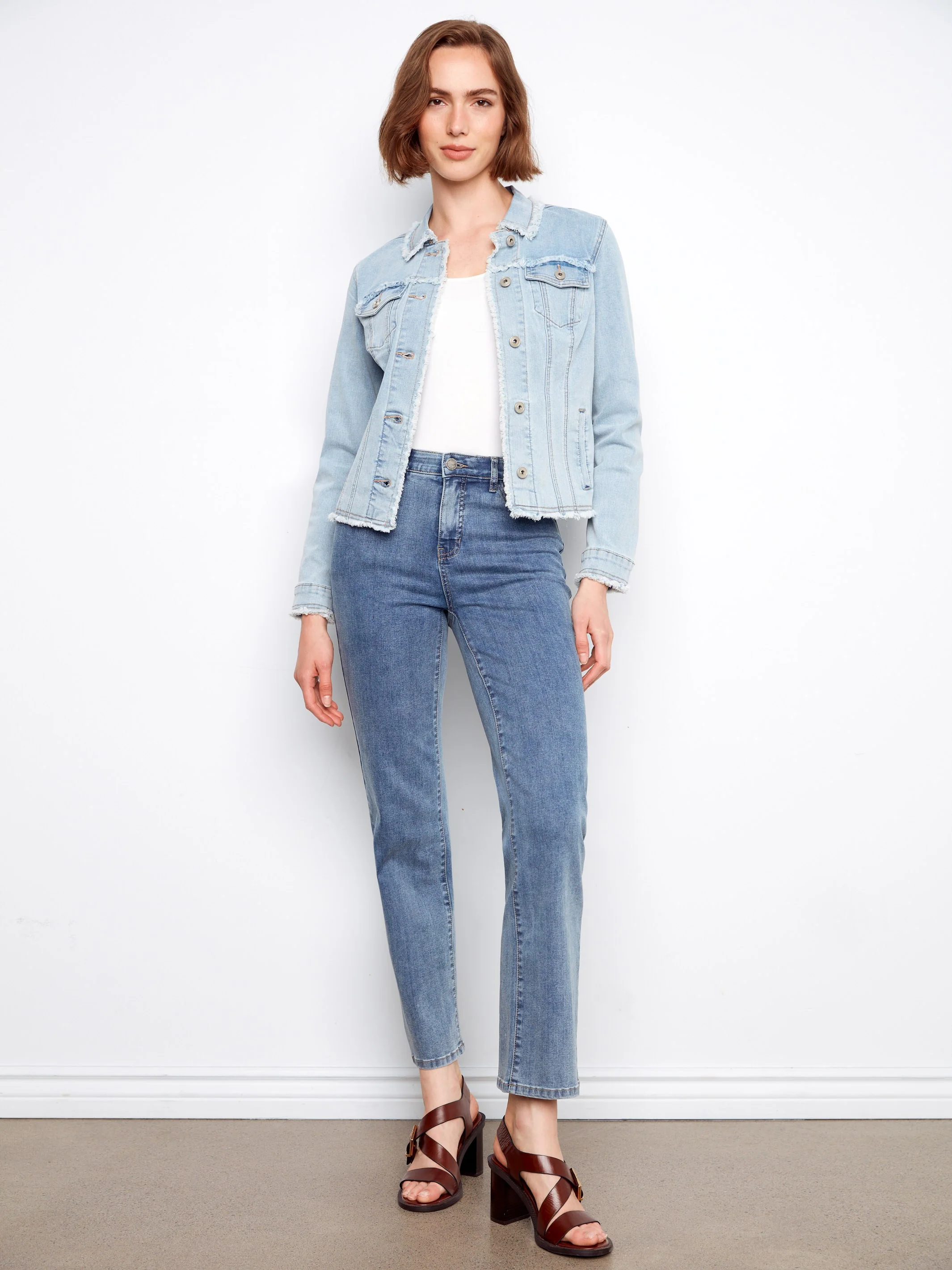Frayed Edge Stretch Denim Jacket - Bleach Blue - Image 3