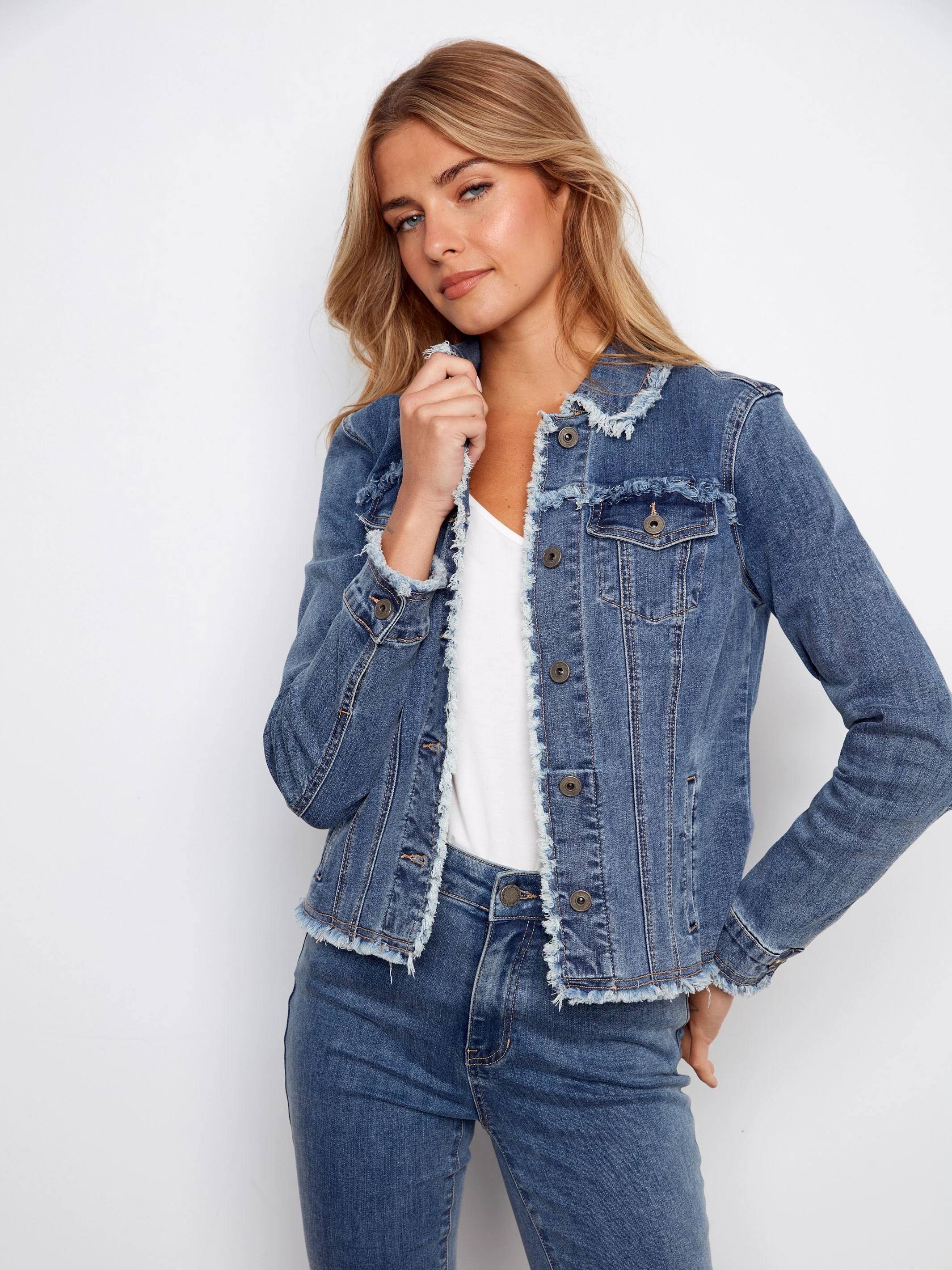 Frayed Edge Stretch Denim Jacket - Medium Blue - Image 3