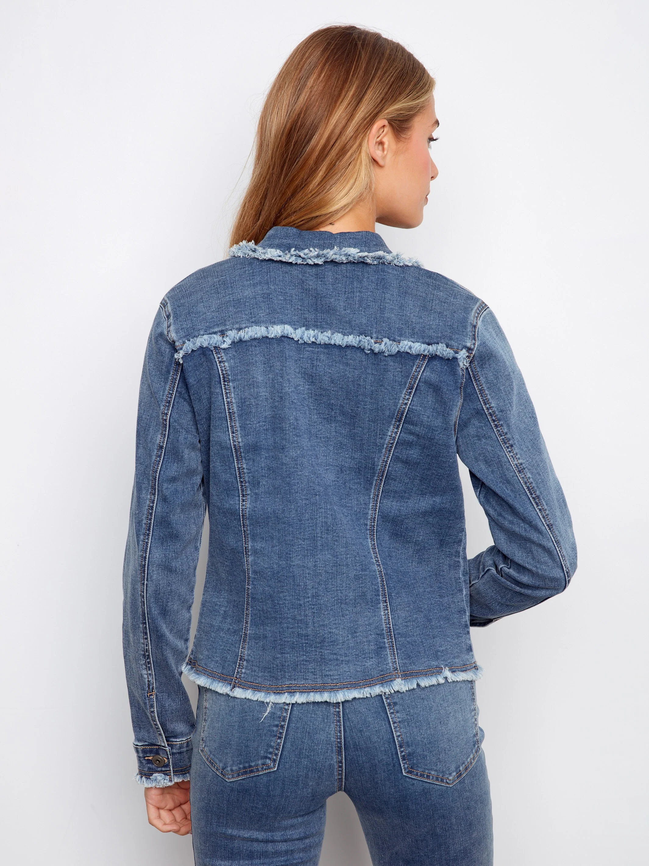 Frayed Edge Stretch Denim Jacket - Medium Blue - Image 6