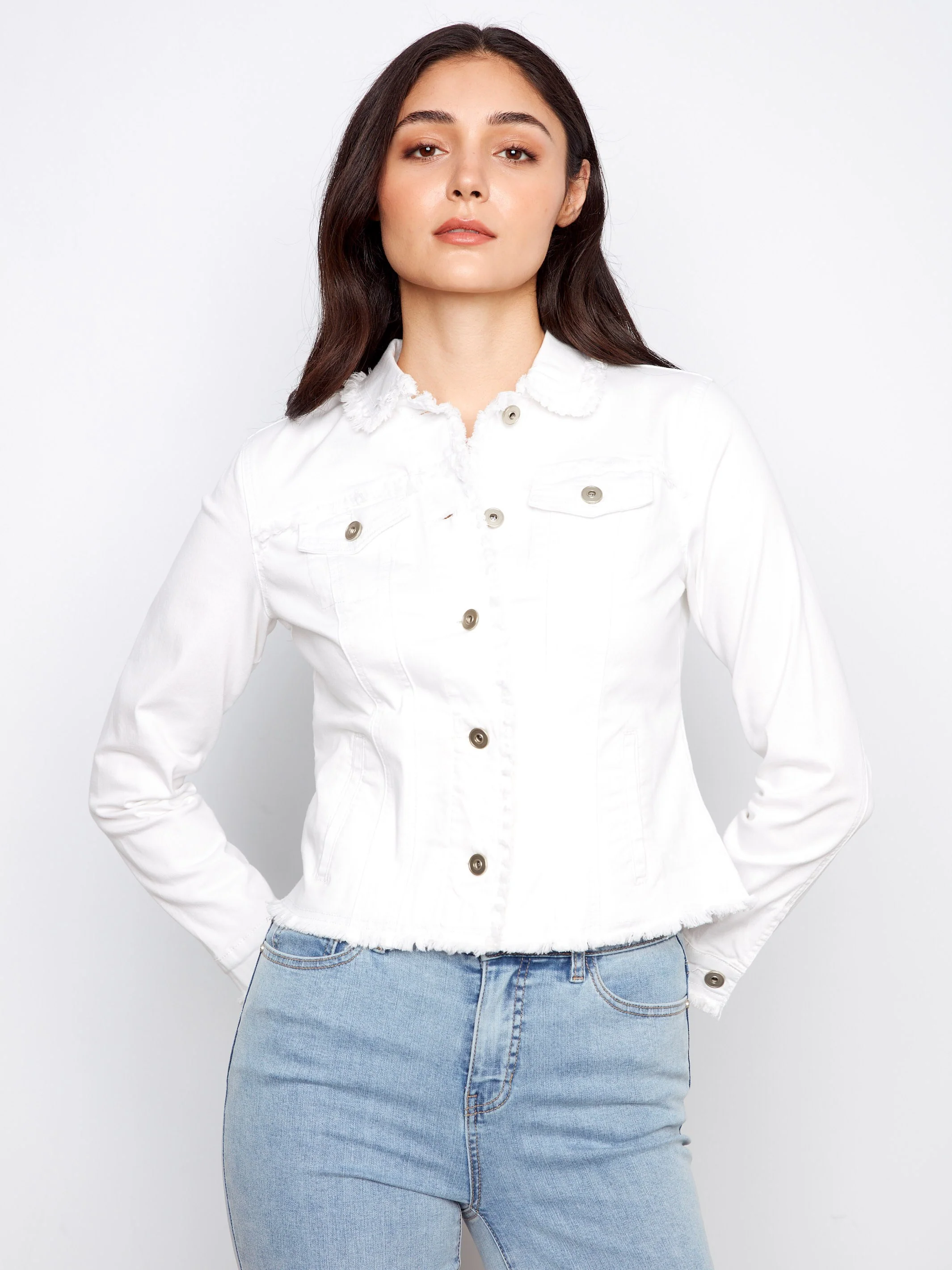 Frayed Edge Stretch Twill Jean Jacket - White - Image 3