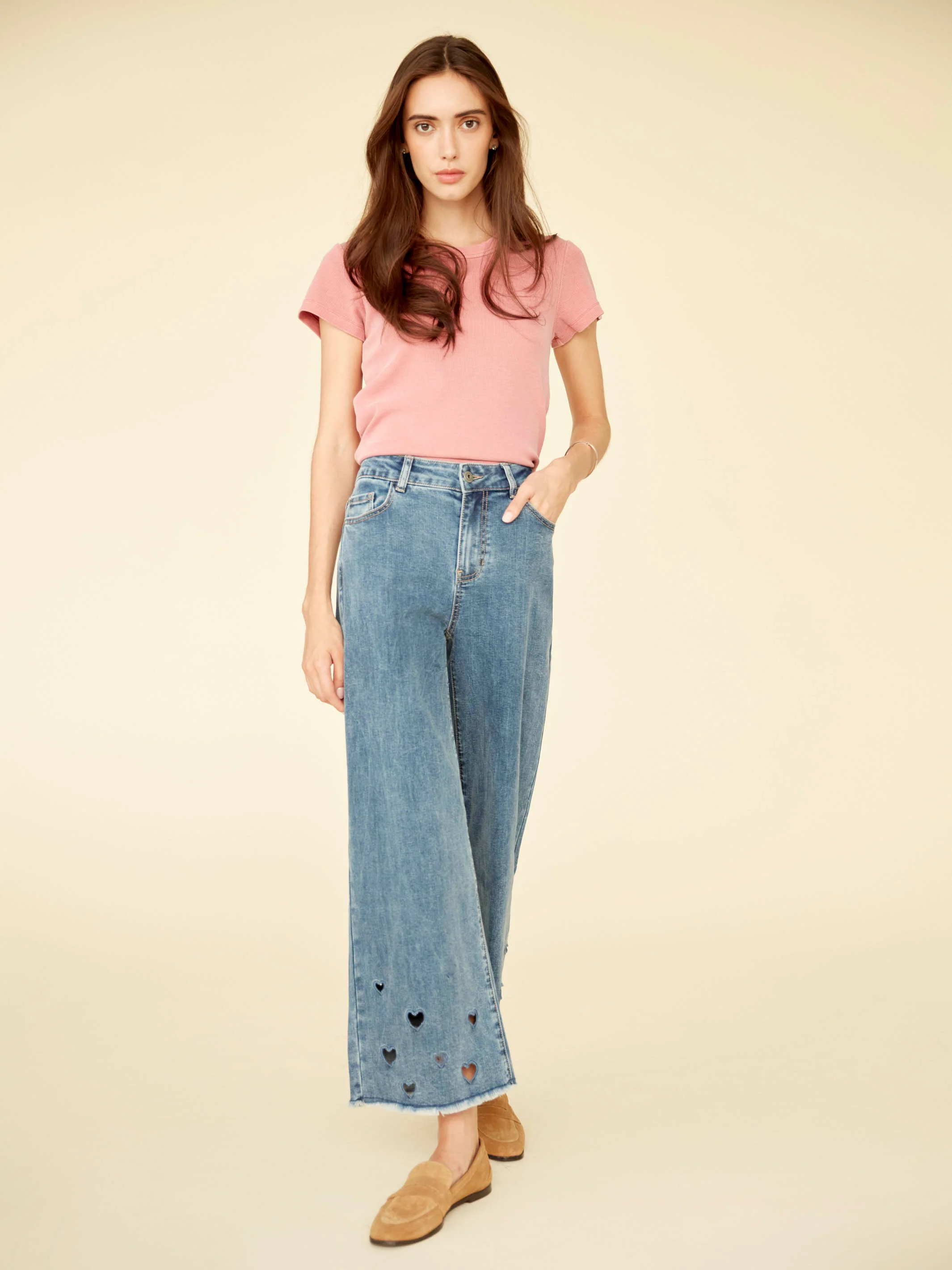 Heart Cutout Wide Leg Jeans - Medium Blue - Image 8