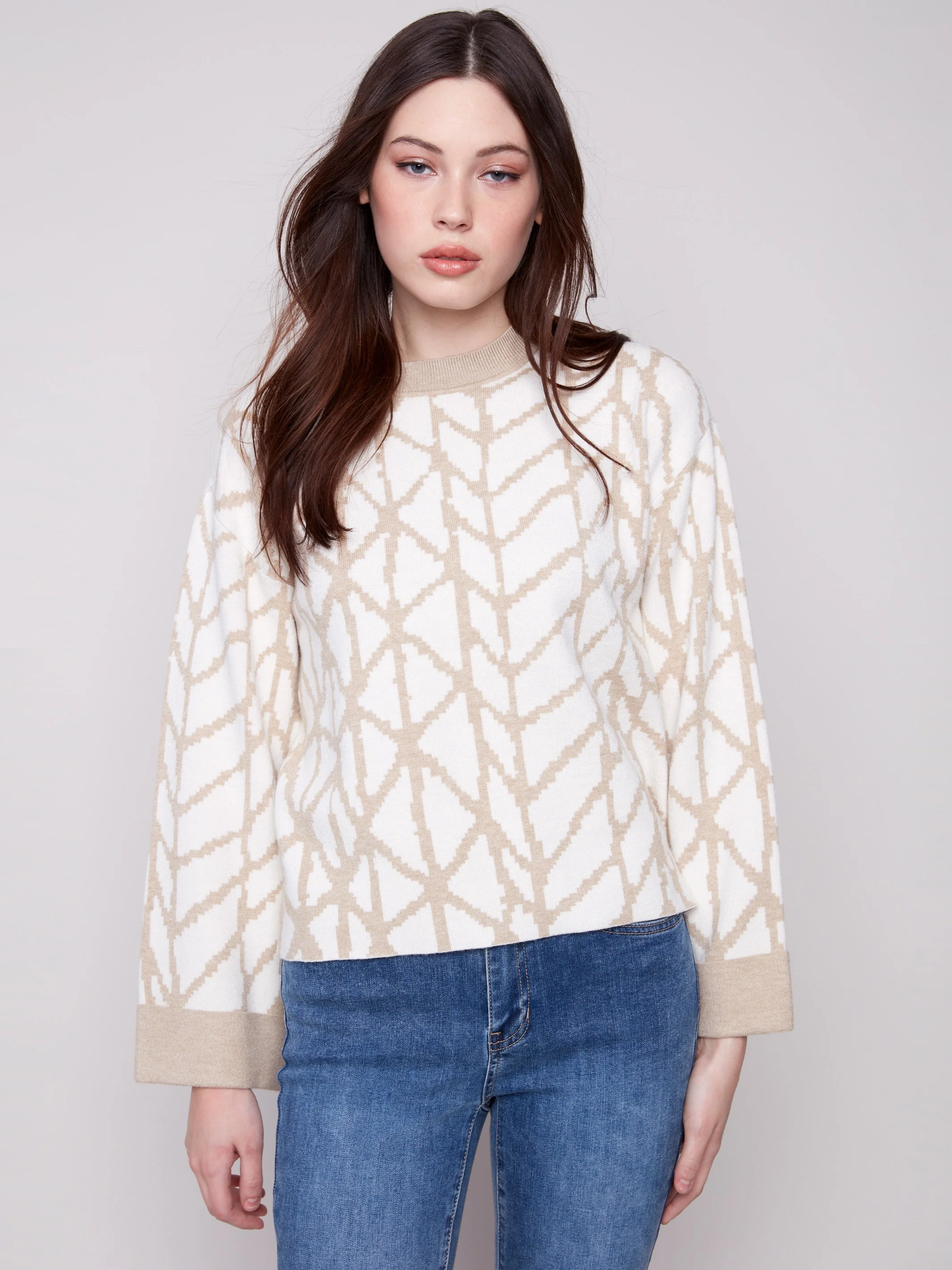 Jacquard Sweater With Folded Cuffs - Ecru - Image 4