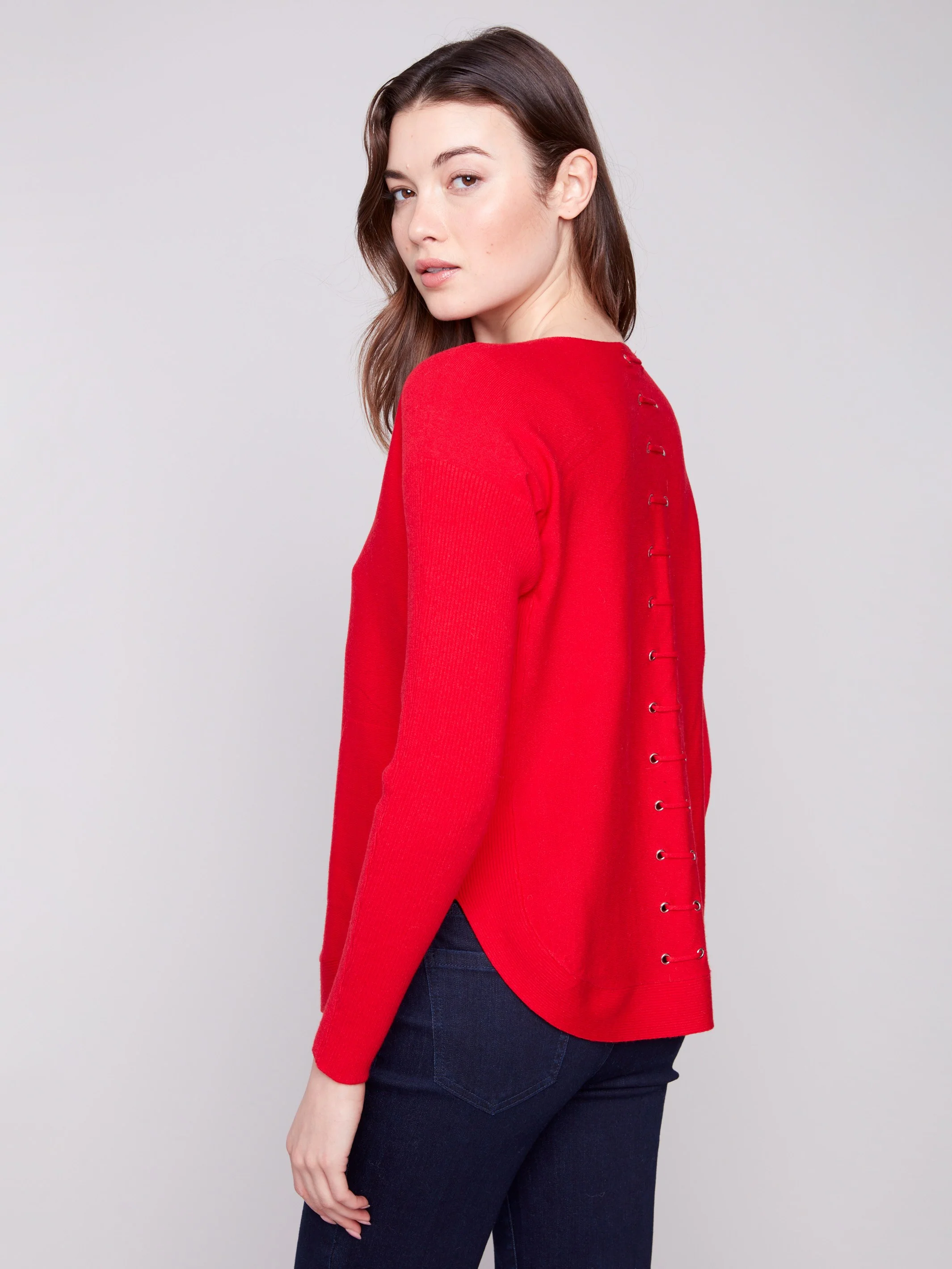 Knit Sweater With Back Lace-Up Detail - Crimson - Image 5