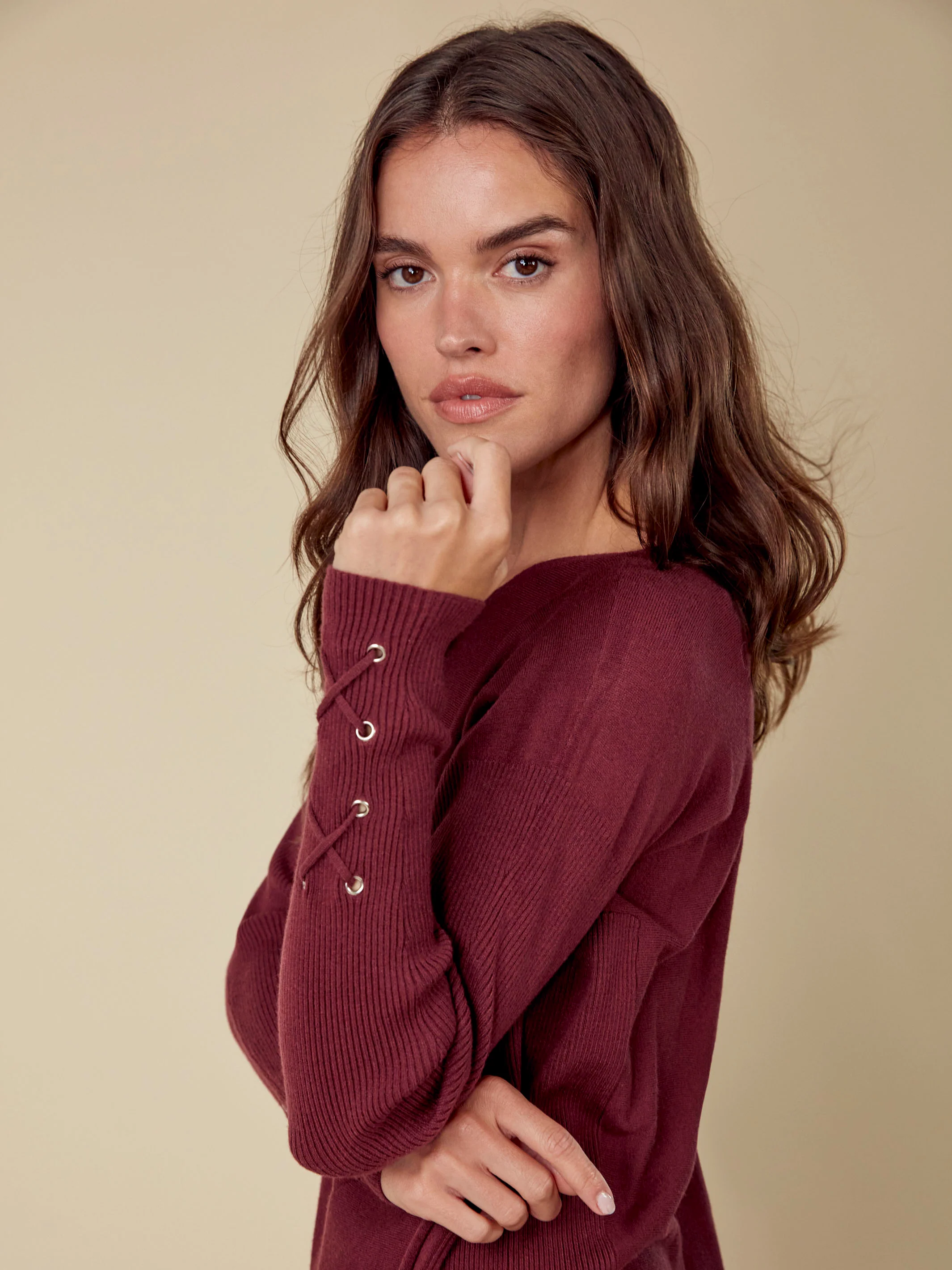 Knit Sweater With Lace-Up Cuffs - Cabernet - Image 10