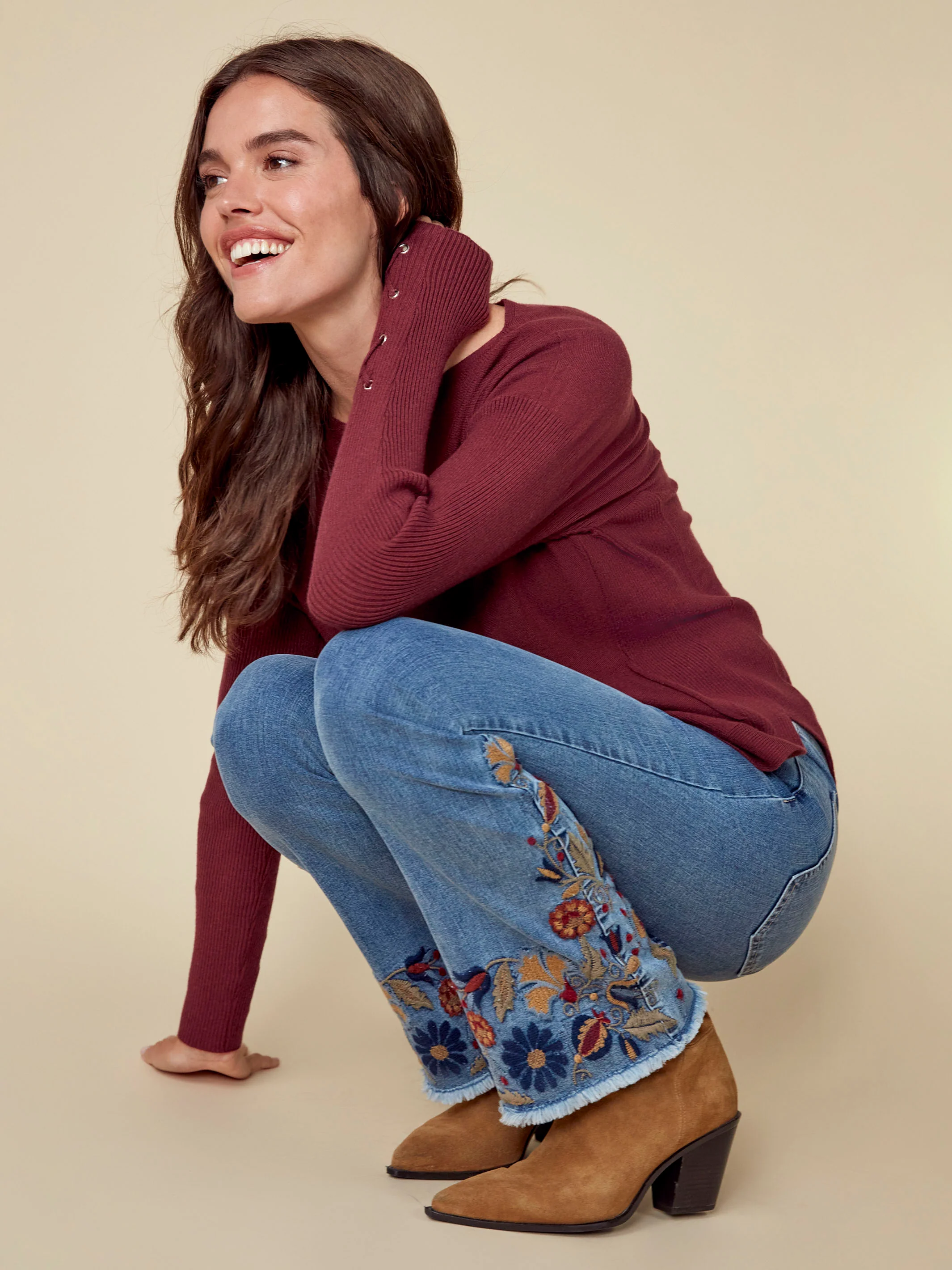 Knit Sweater With Lace-Up Cuffs - Cabernet - Image 12