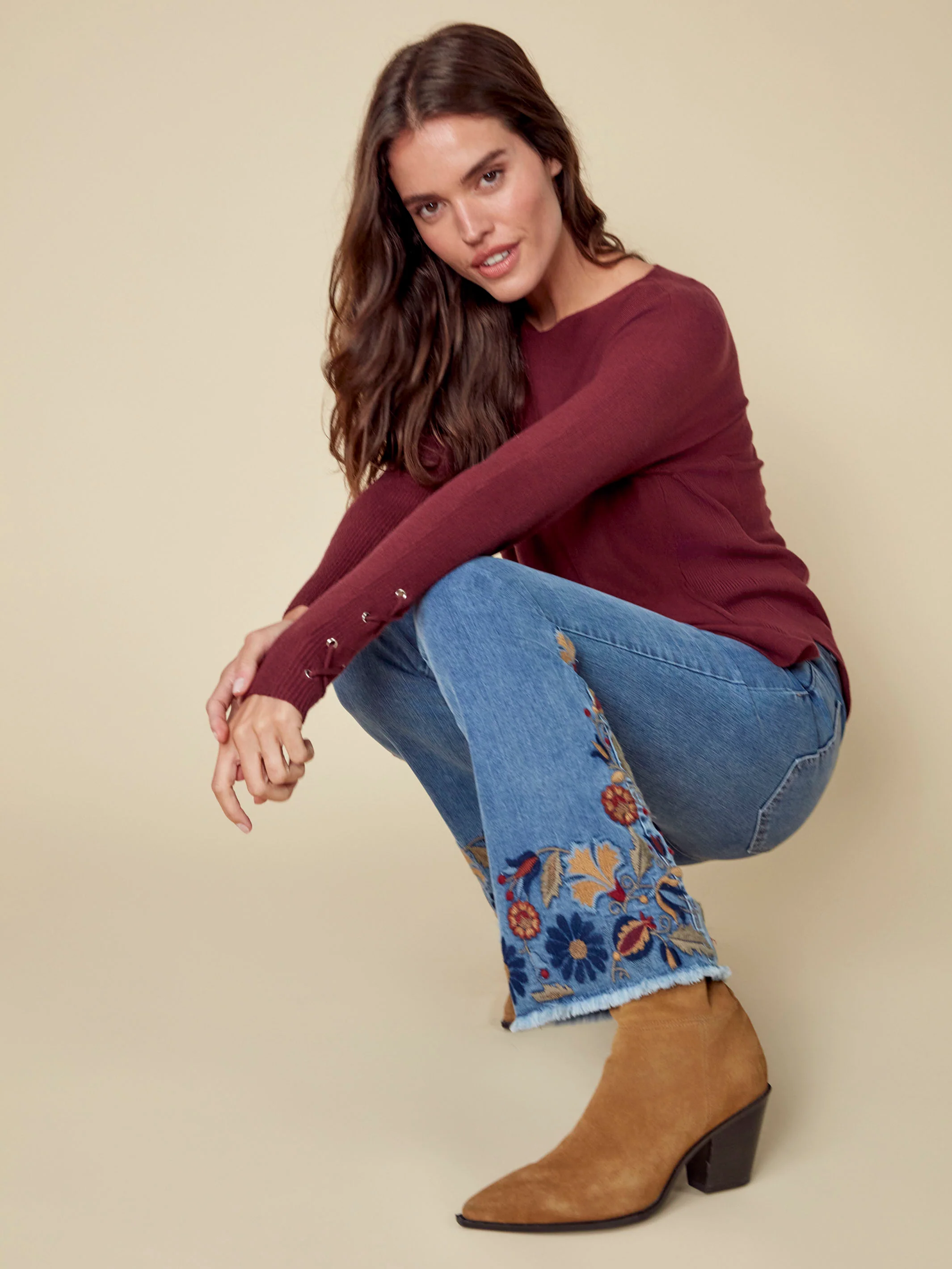 Knit Sweater With Lace-Up Cuffs - Cabernet - Image 13