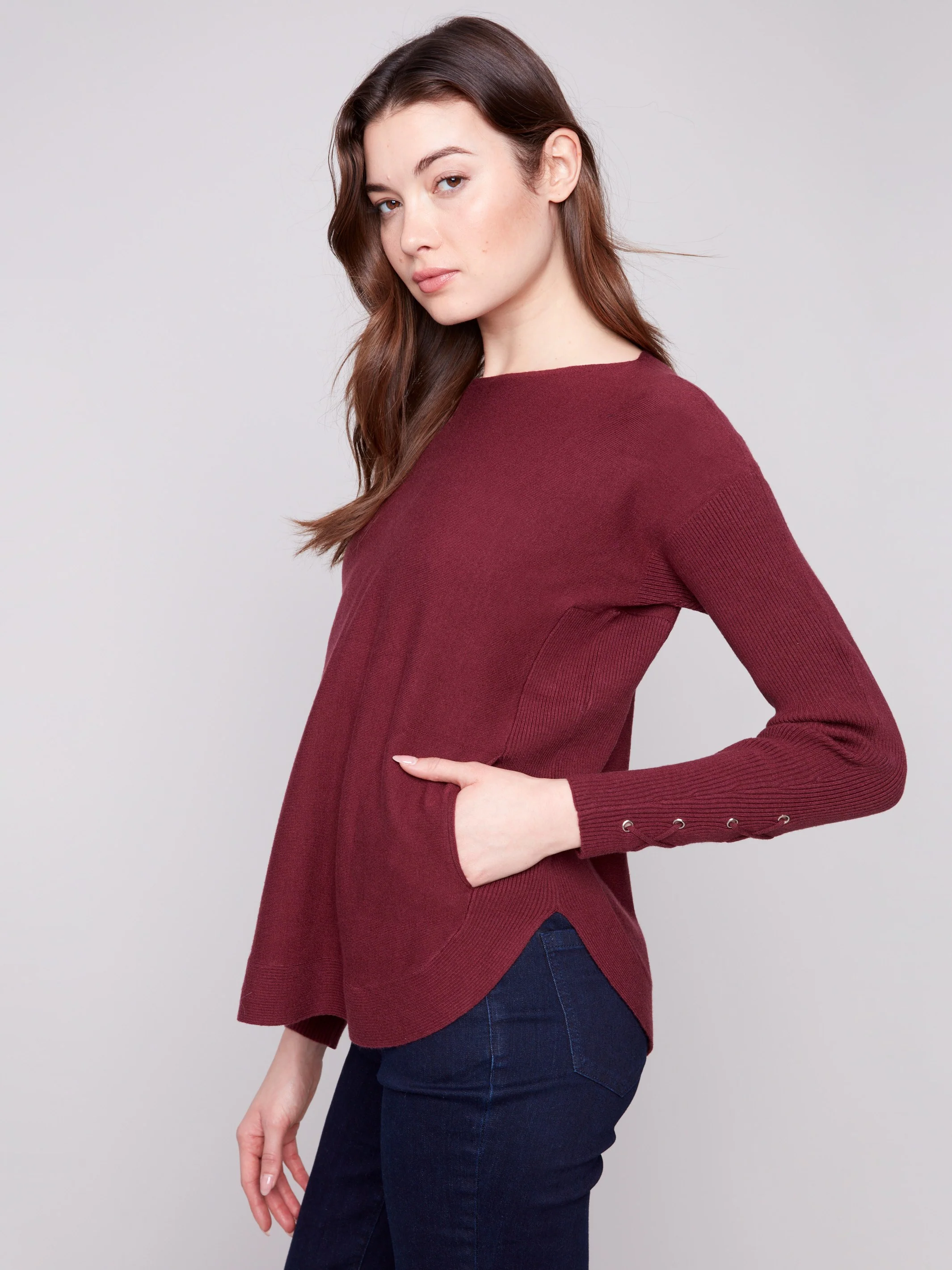 Knit Sweater With Lace-Up Cuffs - Cabernet - Image 3