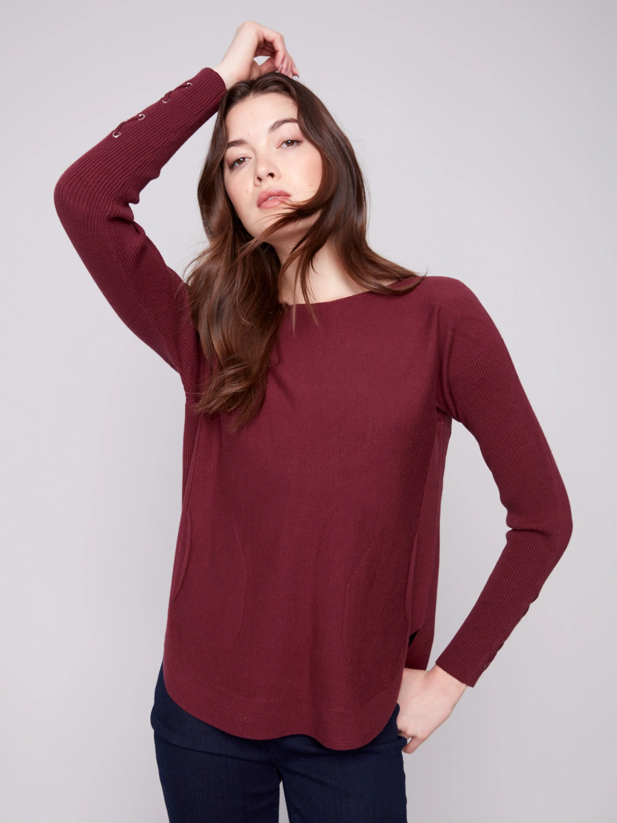 Knit Sweater With Lace-Up Cuffs - Cabernet - Image 4